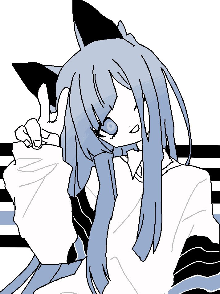 404 (328ch1), 1girl, anata shika mienai no (vocaloid), animal ears, blue eyes, blue hair, cat ears, catchy !? (cevio), collared shirt, hand up, head tilt, long hair, long sleeves, looking at viewer, one eye closed, open mouth, personality iv, shirt, smile, solo, striped background, striped sleeves, sweater, upper body, v, white background, white sweater