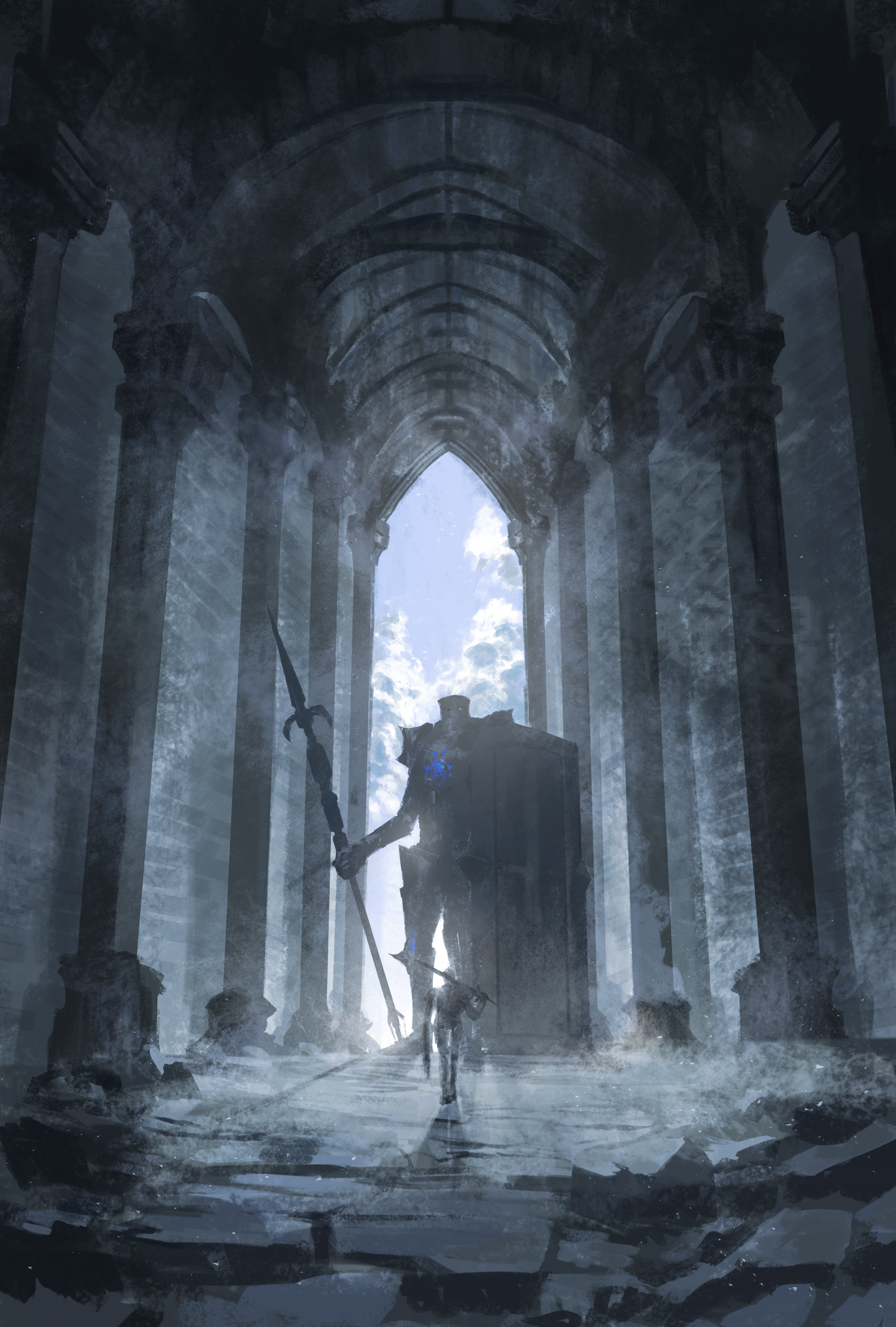 asaki (asaki vision), original, absurdres, commentary, commentary request, english commentary, highres, mixed-language commentary, 2others, armor, full armor, hallway, holding, holding polearm, holding sword, holding weapon, knight, multiple others, polearm, rubble, scenery, shield, sword, walking, weapon