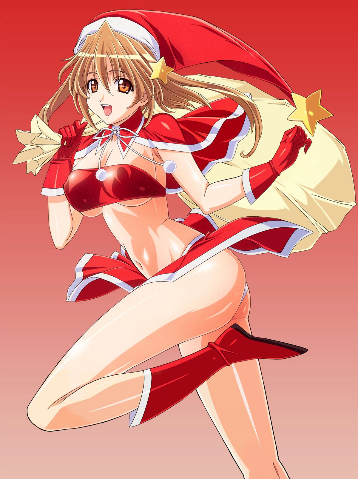 kuroda kazuya, highres, 1girl, ass, bag, boots, breasts, brown hair, capelet, christmas, cleavage, clothes lift, female focus, hat, medium breasts, orange eyes, panties, sack, santa costume, skirt, skirt lift, solo, underboob, underwear, white panties, wind, wind lift