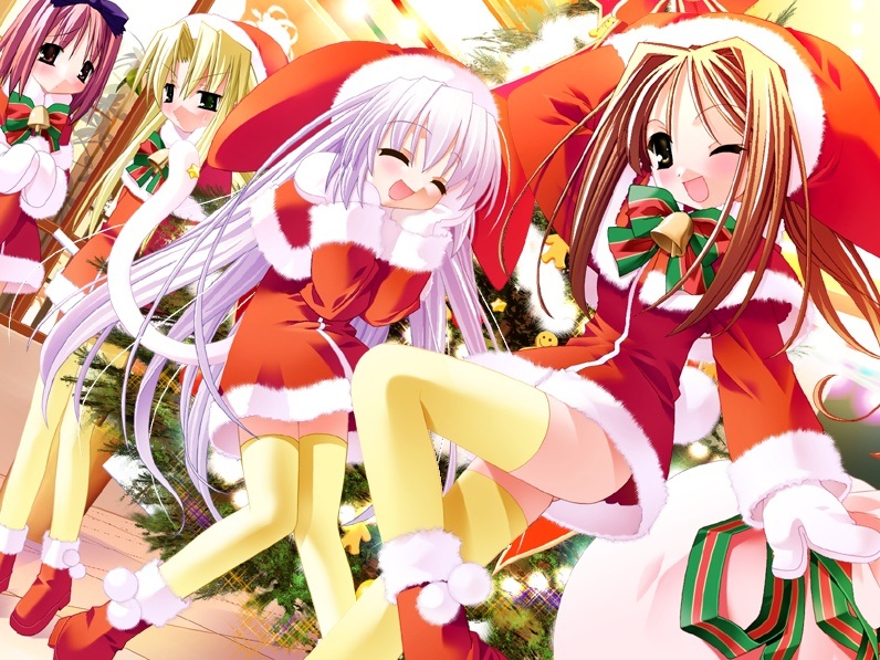 kannagi rei, akizuki michiru, mio (patissier na nyanko), serizawa kanade, yaguchi matsuri, patissier na nyanko, light purple hair, yellow legwear, game cg, 4girls, :d, ;d, bag, bell, blonde hair, blush, brown eyes, brown hair, christmas, christmas tree, closed eyes, dutch angle, everyone, fur trim, green eyes, hair intakes, hands on own cheeks, hands on own face, hat, long hair, long sleeves, mittens, multiple girls, one eye closed, open mouth, pink hair, pom pom (clothes), ribbon, sack, santa costume, santa hat, smile, smiley face, standing, star (symbol), thighhighs, very long hair, wink