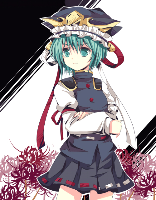 takase kanan, shiki eiki, touhou, 1girl, angry, black background, black shirt, black skirt, buttons, crossed arms, crown, dress shirt, female focus, flower, green eyes, green hair, hat, hat ribbon, long sleeves, miniskirt, plaid clothes, plaid skirt, red flower, red ribbon, ribbon, ribbon-trimmed clothes, ribbon-trimmed shirt, ribbon-trimmed skirt, ribbon trim, shirt, short hair, skirt, solo, spider lily, white background, white ribbon, white sleeves