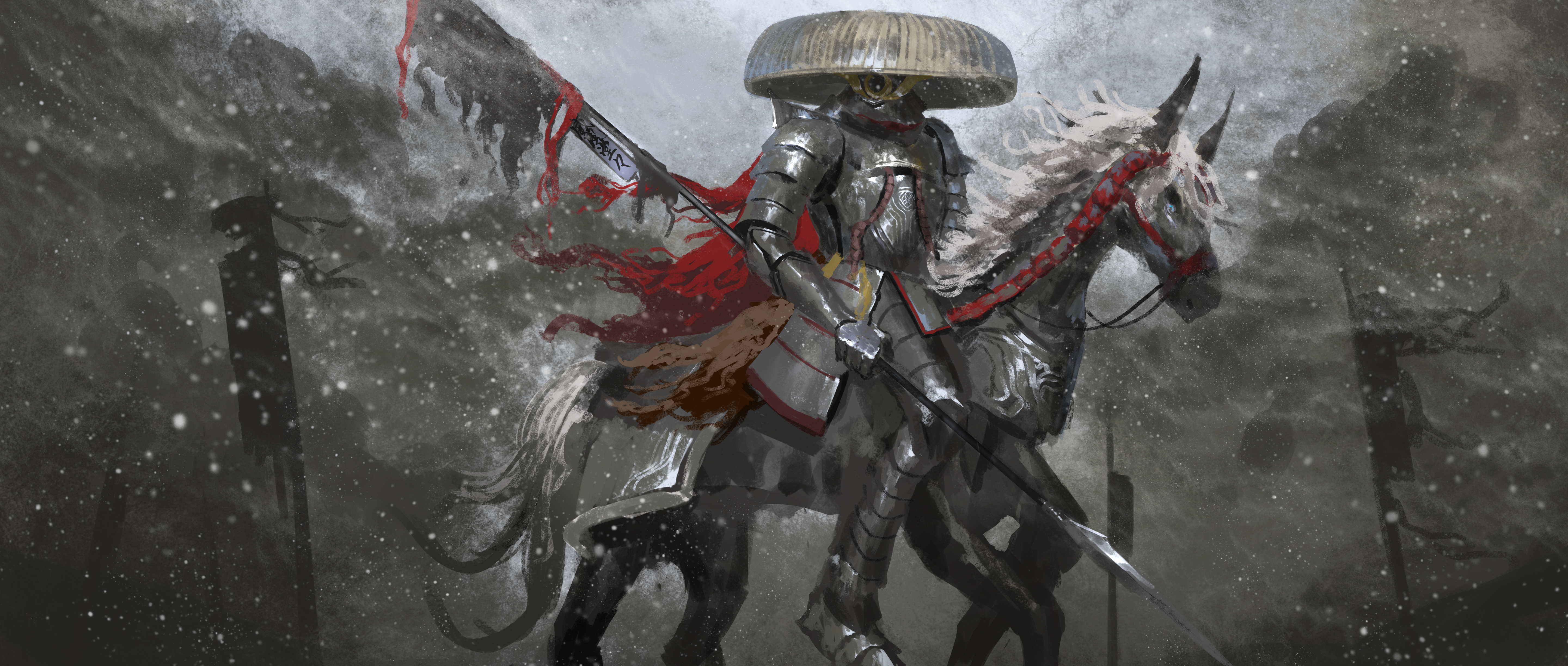 asaki (asaki vision), original, absurdres, commentary, commentary request, english commentary, highres, mixed-language commentary, 1other, armor, barding, faulds, greaves, holding, holding polearm, holding weapon, horse, horseback riding, knight, polearm, riding, shoulder armor, snowing, spear, weapon