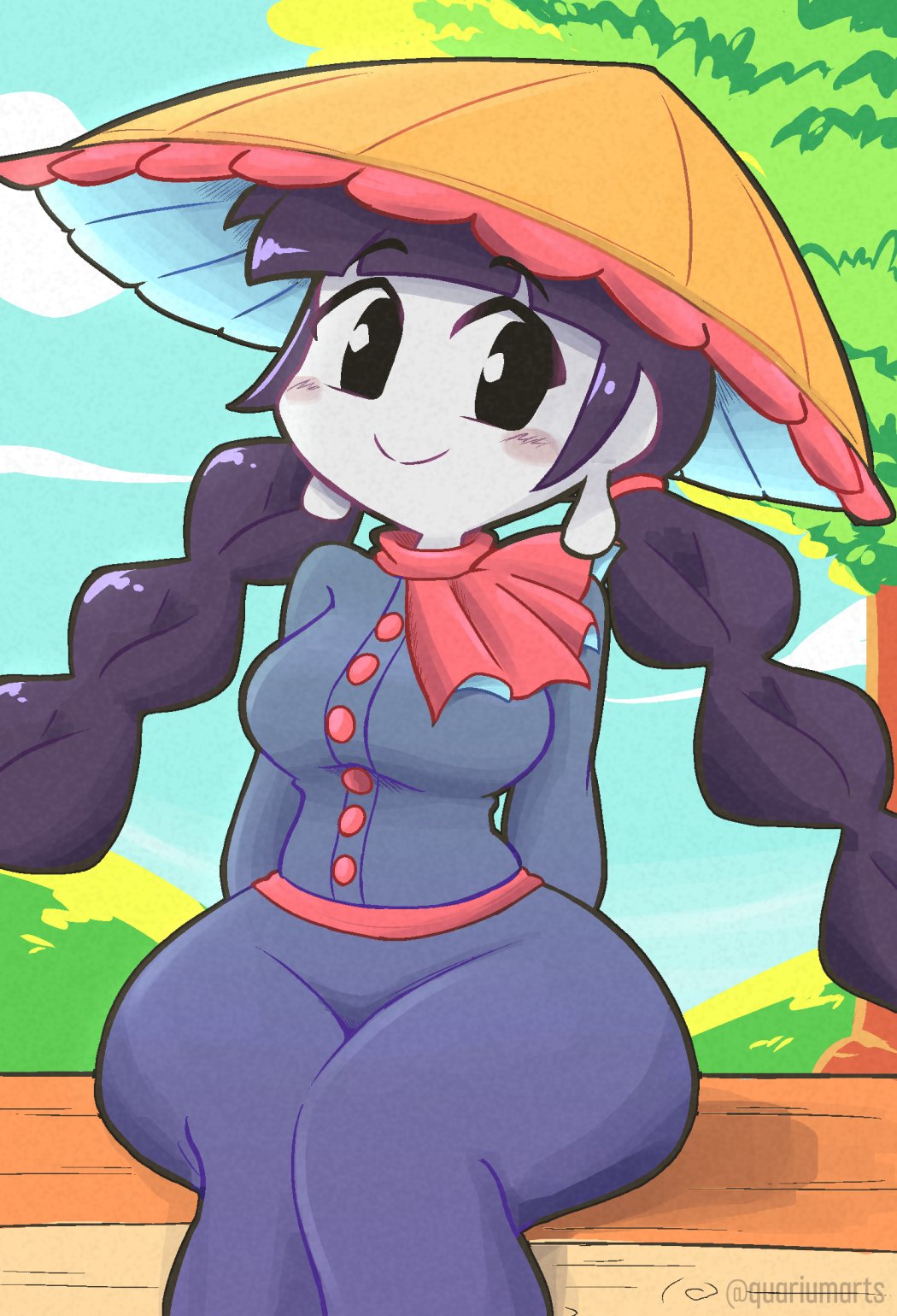 quarium, yatadera narumi, touhou, highres, 1girl, ajirogasa, black hair, blunt bangs, breasts, buttons, capelet, curvy, dress, grey dress, grey shirt, hat, long earlobes, long sleeves, low twintails, no nose, on bench, outdoors, pale skin, red capelet, shirt, sidelocks, sitting, smile, solo, thick thighs, thighs, tree, twintails, wide hips