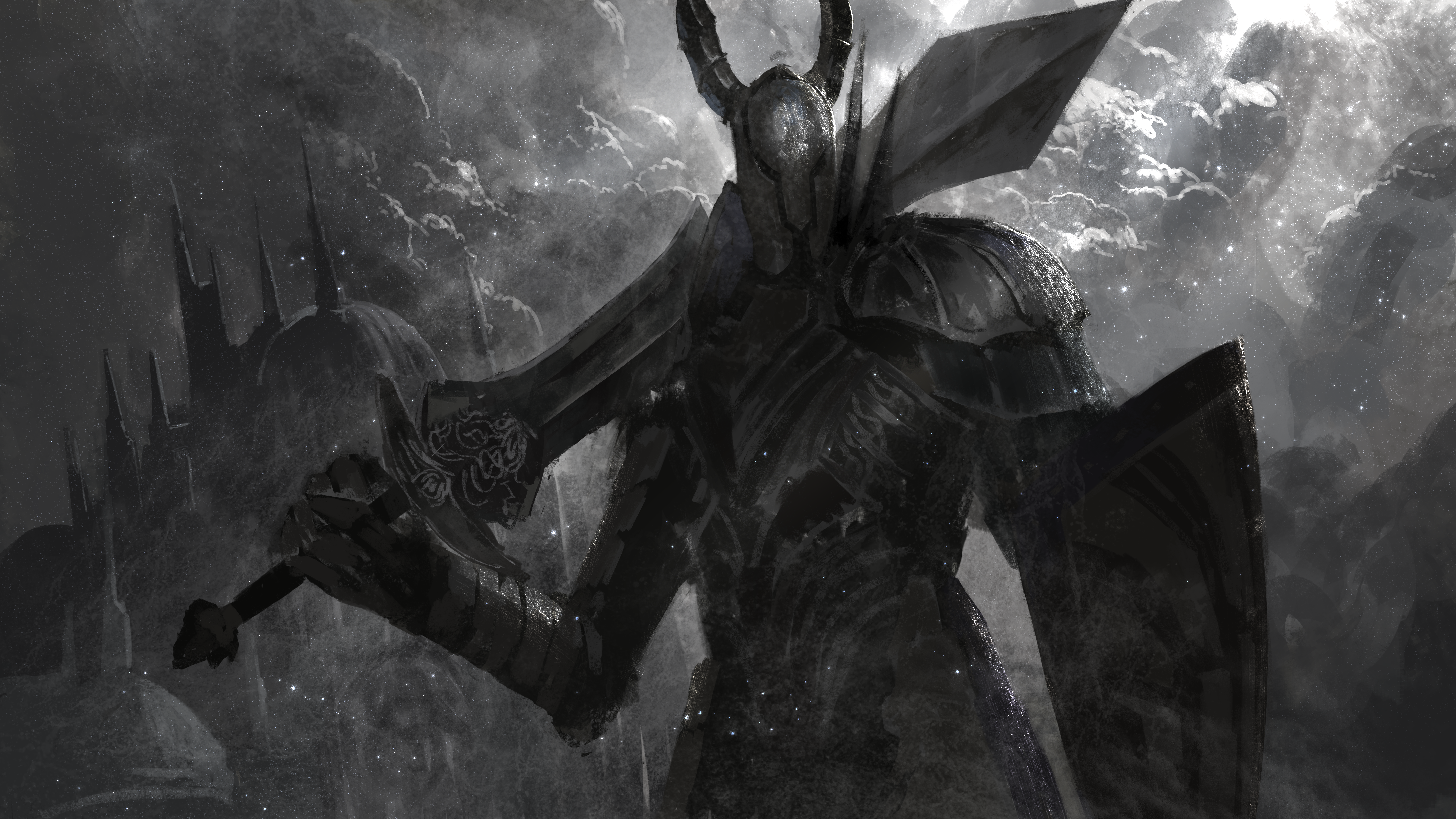 asaki (asaki vision), black knight (dark souls), dark souls (series), dark souls i, absurdres, commentary request, highres, 1other, armor, building, cloud, cloudy sky, fake horns, full armor, greatsword, helm, helmet, holding, holding shield, holding sword, holding weapon, horned helmet, horns, knight, pauldrons, shield, shoulder armor, sky, solo, standing, sword, weapon