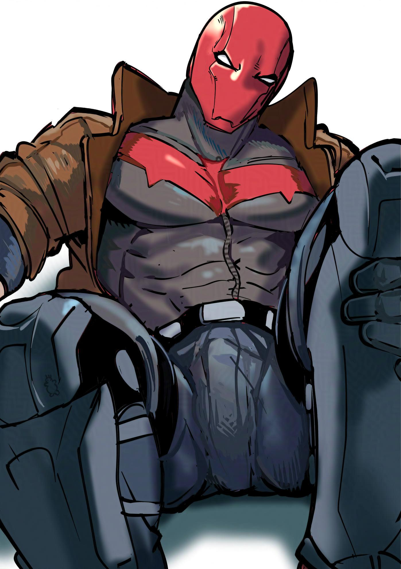 bogactivity, jason todd, red hood (dc), batman (series), dc comics, highres, 1boy, bat signal, batman symbol, black bodysuit, black gloves, bodysuit, brown jacket, gloves, grey bodysuit, jacket, male focus, mask, muscular, muscular male, open clothes, pants, red hood and the outlaws, red mask, superhero costume, taut bodysuit, two-tone bodysuit