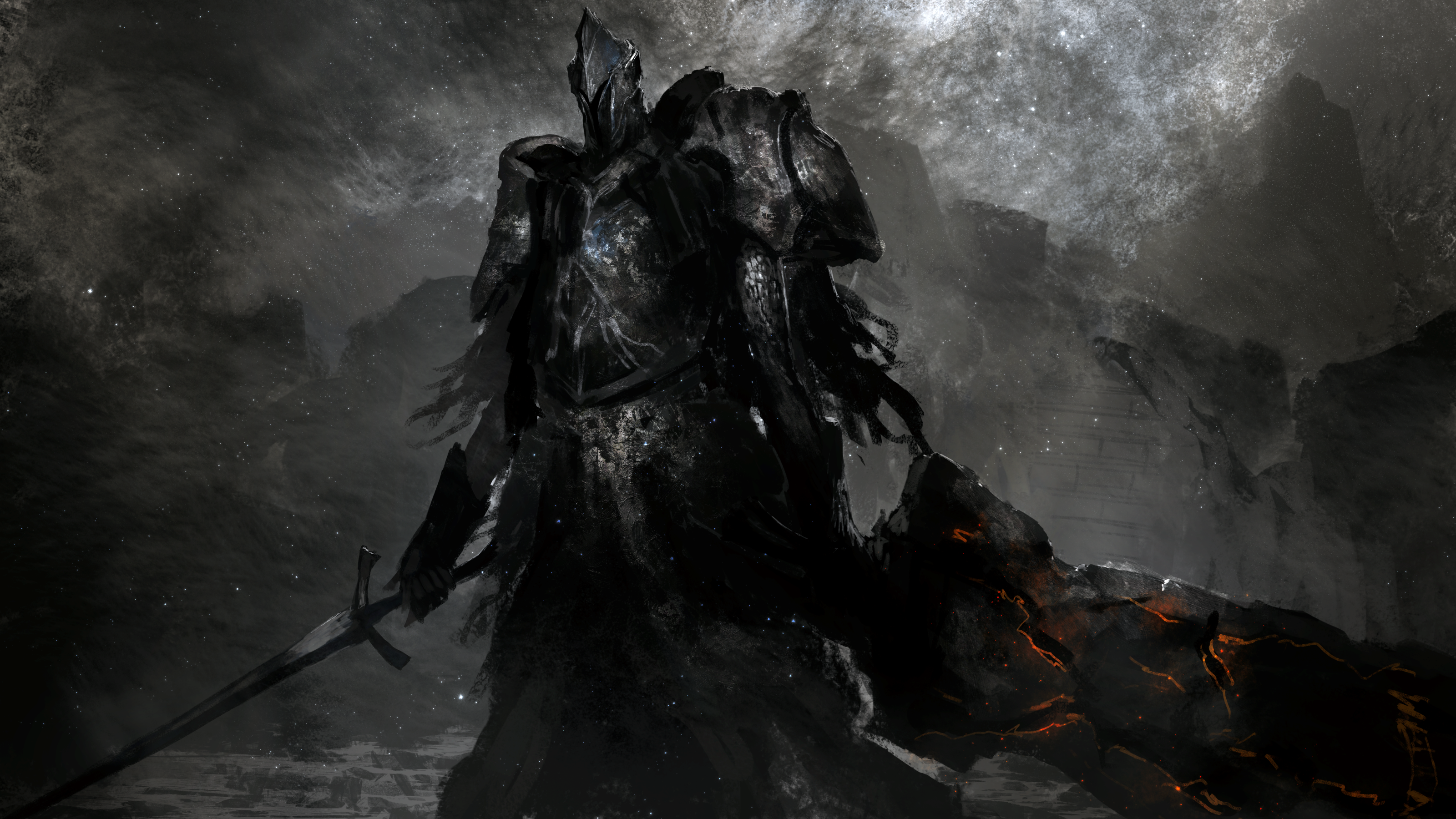 asaki (asaki vision), fume knight, dark souls (series), dark souls ii, absurdres, commentary request, highres, 1boy, armor, crack, dual wielding, fire, flaming sword, flaming weapon, fume ultra greatsword, greatsword, grey sky, helm, helmet, holding, holding sword, holding weapon, knight, male focus, pauldrons, shoulder armor, sky, solo, standing, sword, weapon