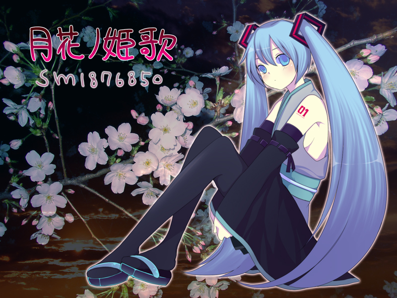 harano, hatsune miku, vocaloid, blue eyes, blue hair, long hair, sitting, solo, thighhighs, twintails