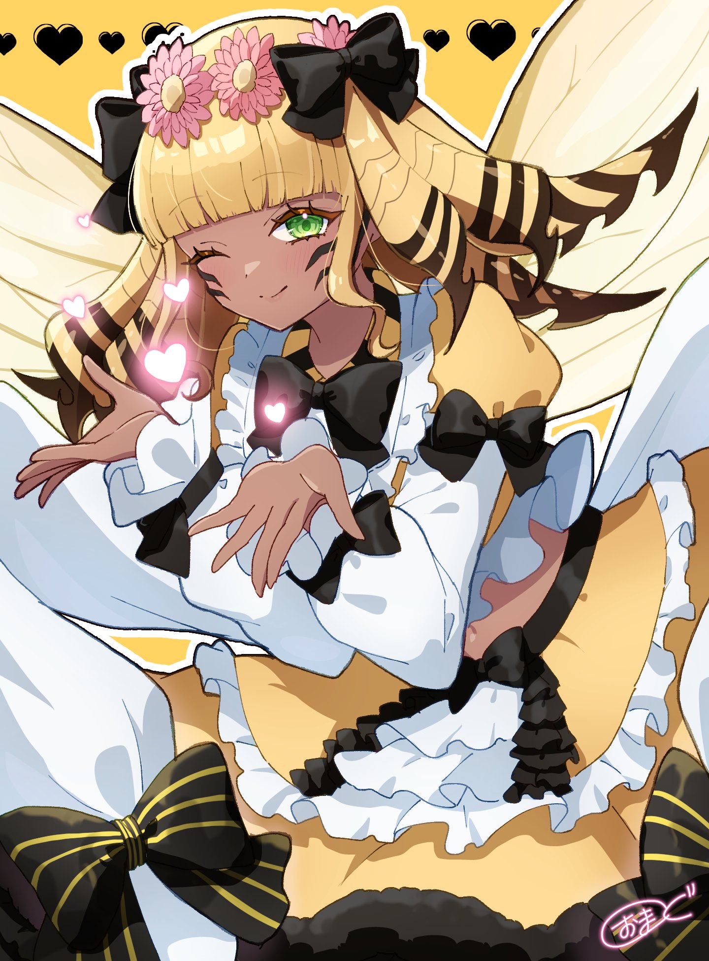 omg3939, honey b. lovely, final fantasy, final fantasy xiv, highres, 1girl, black bow, blonde hair, bow, dark-skinned female, dark skin, facial mark, green eyes, hair bow, head wreath, juliet sleeves, long sleeves, looking at viewer, medium hair, midriff, navel, one eye closed, outline, puffy sleeves, signature, skirt, solo, white outline, yellow skirt