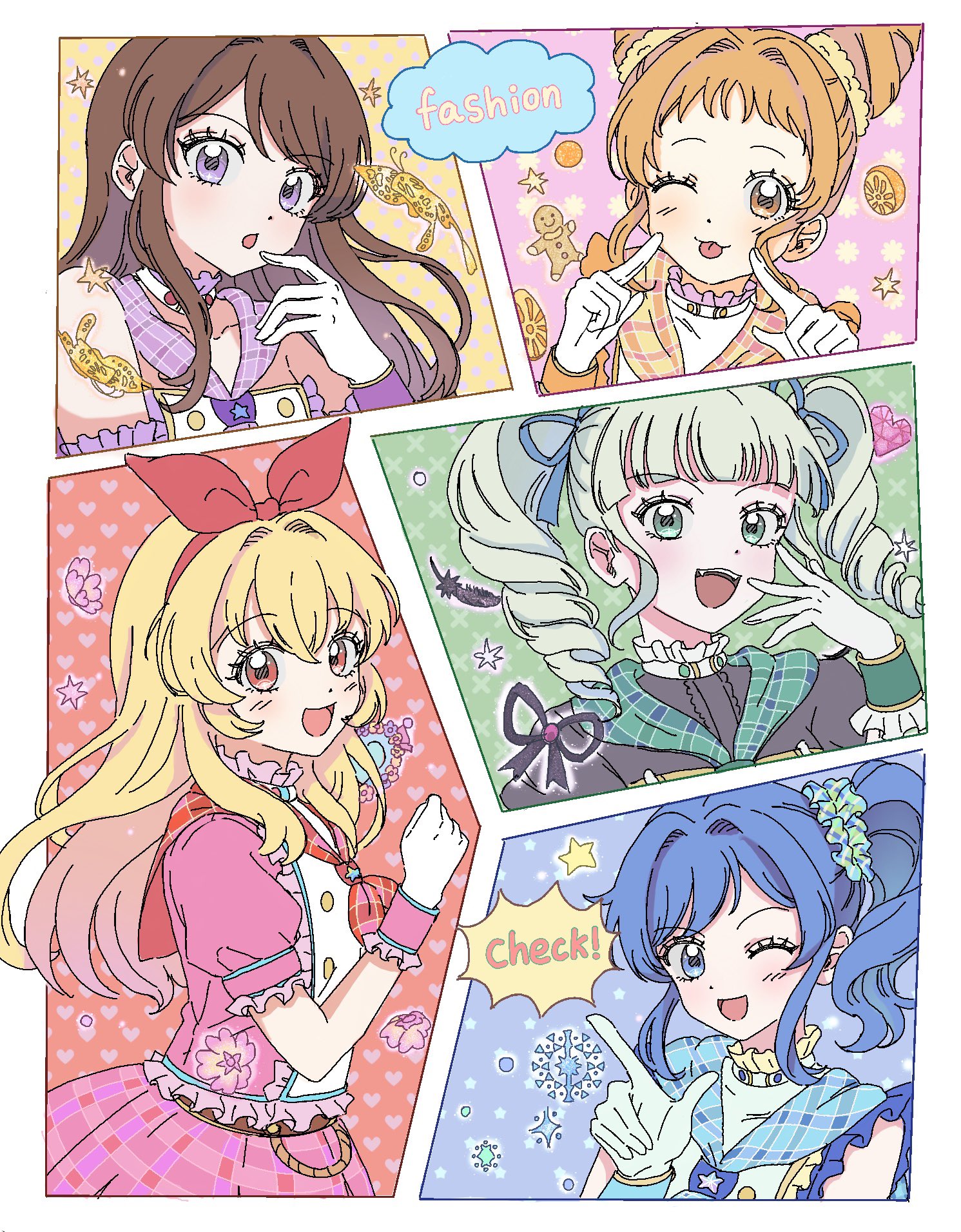 ku (kuooss), arisugawa otome, hoshimiya ichigo, kiriya aoi, shibuki ran, todo yurika, aikatsu!, aikatsu! (series), highres, 5girls, :3, :p, black ribbon, black shirt, blonde hair, blue eyes, blue hair, blue neckerchief, blue ribbon, blue scrunchie, bow, bow hairband, brown eyes, brown hair, bug, butterfly, closed mouth, cone hair bun, double bun, drill hair, english text, fangs, flower, food, frilled shirt, frills, fruit, gingerbread man, gloves, green eyes, green hair, green neckerchief, hair bun, hair intakes, hair ornament, hair ribbon, hair scrunchie, hairband, hand up, hands up, heart, idol, idol clothes, index finger raised, insect, lemon, long hair, looking at viewer, medium hair, multiple girls, neckerchief, one eye closed, open mouth, orange hair, orange neckerchief, parted lips, pink flower, pink shirt, pink skirt, plaid clothes, plaid neckerchief, plaid skirt, pointing, pointing at self, puffy short sleeves, puffy sleeves, purple eyes, purple neckerchief, red bow, red eyes, red hairband, red neckerchief, ribbon, scrunchie, shirt, short hair, short sleeves, side ponytail, sidelocks, skirt, sleeveless, sleeveless shirt, smile, snowflakes, standing, star (symbol), teeth, tongue, tongue out, twin drills, twintails, upper teeth only, white gloves, white shirt, yellow butterfly, yellow scrunchie