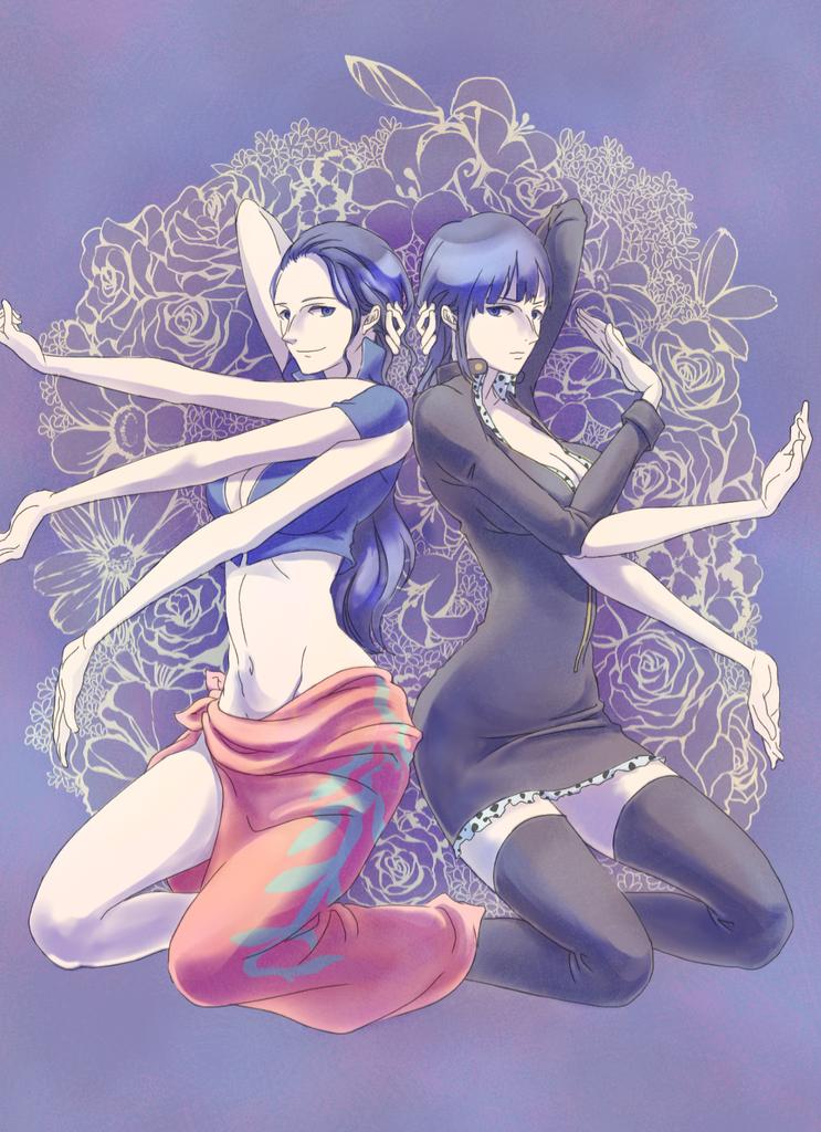 nikoban, nico robin, one piece, commentary request, 2girls, arm up, black boots, black dress, blue hair, blue jacket, blunt bangs, boots, breasts, cleavage, cropped jacket, devil fruit power, dress, dual persona, extra arms, hair slicked back, jacket, kneeling, large breasts, long hair, looking at viewer, medium hair, multiple girls, navel, pink sarong, sarong, side slit, smile, thigh boots