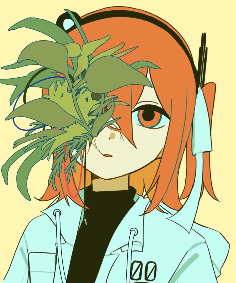 avocado hamburg, adachi rei, a.i. voice, utau, 1girl, android, audio jack, black shirt, cable, cracked skin, expressionless, growing out of body, hair ribbon, headlamp, hood, hood down, hooded jacket, jacket, looking at viewer, medium hair, missing eye, one side up, orange eyes, orange hair, parted lips, plant, portrait, radio antenna, ribbon, shirt, simple background, solo, white jacket, white ribbon, yellow background