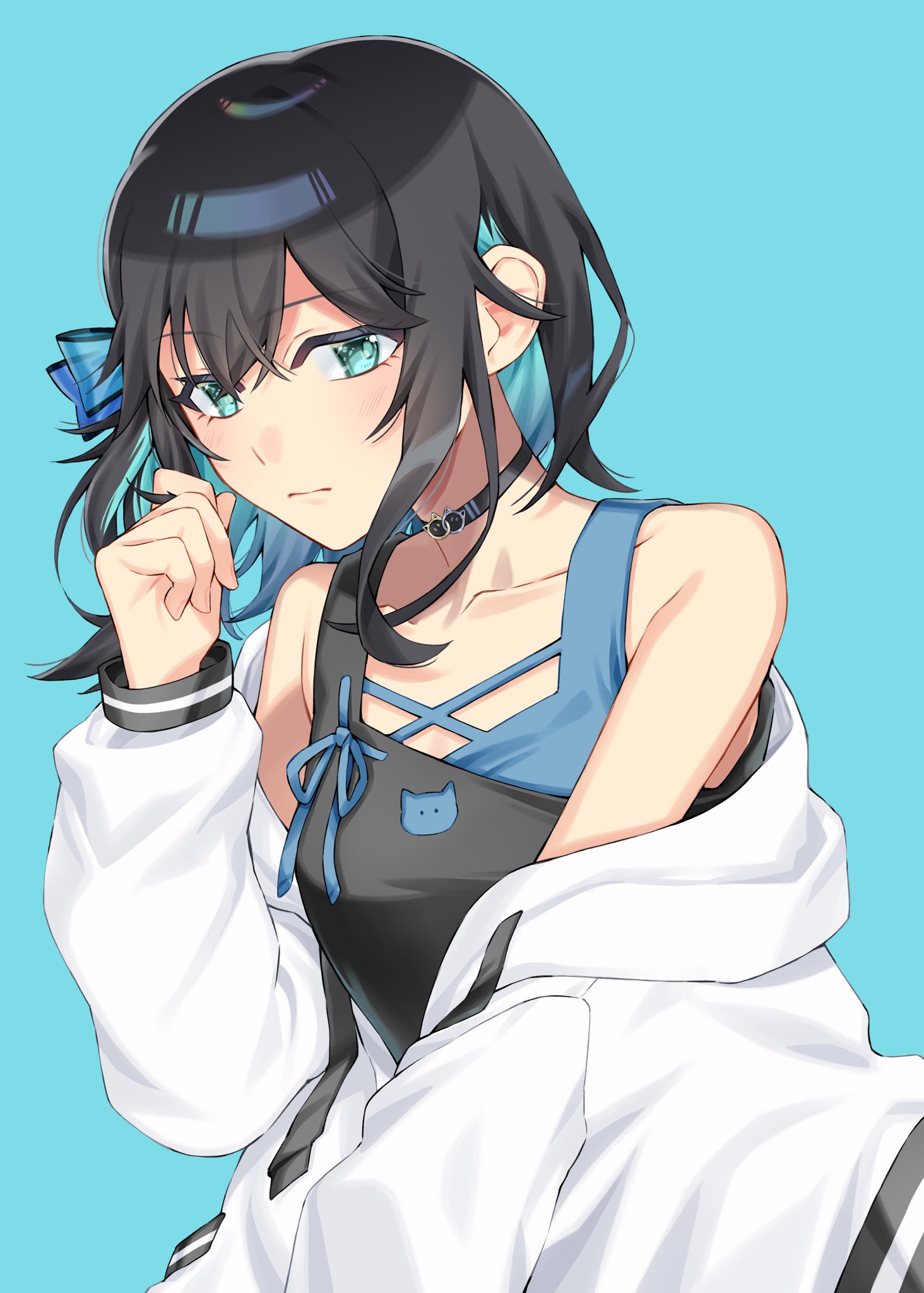 tere douga, miyamai moca, voicepeak, highres, 1girl, bare shoulders, black hair, black shirt, blue background, closed mouth, collarbone, colored inner hair, hand up, jacket, long sleeves, looking at viewer, multicolored hair, off shoulder, shirt, simple background, sleeveless, sleeveless shirt, solo, upper body, white jacket