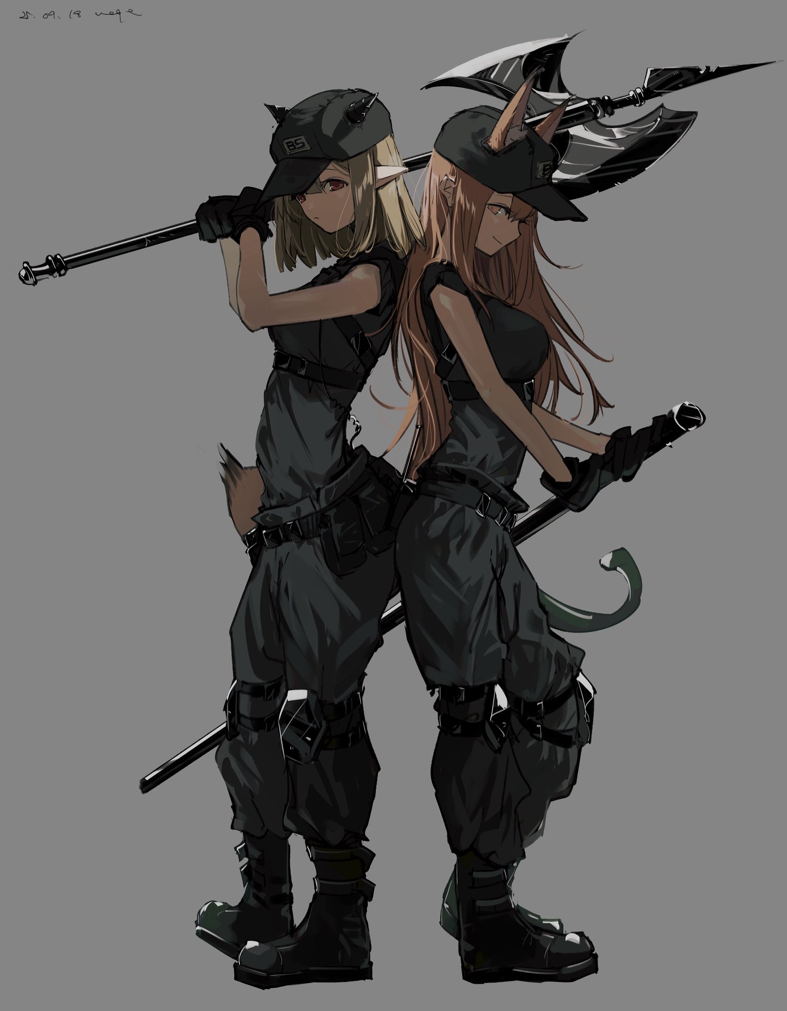 pppmepl, franka (arknights), vanilla (arknights), arknights, commentary, highres, 2girls, animal ears, ankle boots, back-to-back, black boots, black gloves, black hat, black horns, black pants, black shirt, blonde hair, boots, brown hair, brown tail, closed mouth, clothes writing, ears through headwear, expressionless, fox ears, fox girl, fox tail, full body, gloves, hair between eyes, hat, holding, holding weapon, horns, horns through headwear, long hair, looking at viewer, medium hair, multiple girls, orange eyes, pants, peaked cap, pointy ears, profile, shirt, short sleeves, smile, standing, strap, tail, weapon