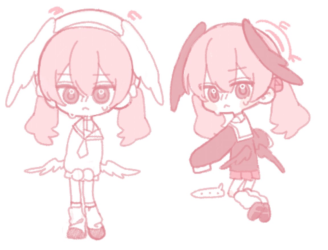 nagakiras2, koharu (blue archive), blue archive, beret, black wings, chibi, halo, hat, head wings, leg warmers, low wings, nervous sweating, pink eyes, pink hair, red halo, sweat, winged halo, winged hat, wings
