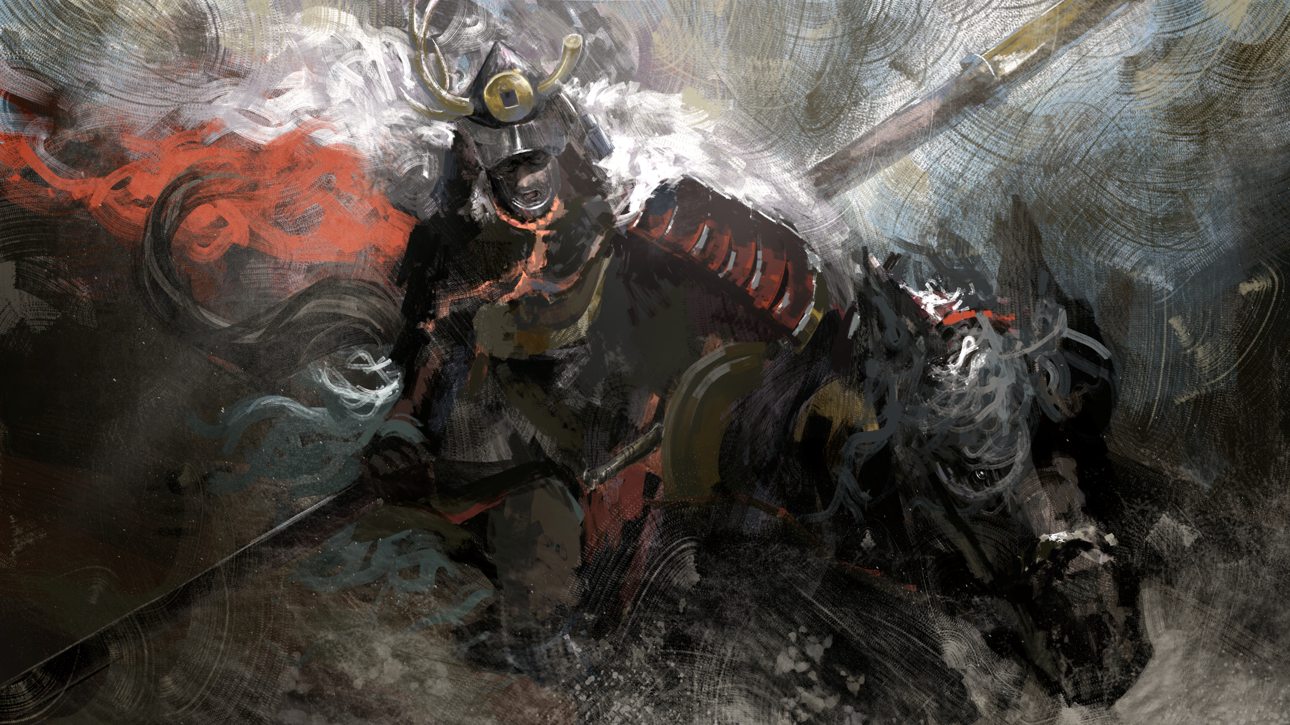 asaki (asaki vision), sekiro: shadows die twice, commentary request, highres, 1boy, armor, boss fight, gyoubu masataka oniwa, helmet, holding, holding polearm, holding weapon, horseback riding, japanese armor, kabuto (helmet), kote, male focus, open mouth, polearm, riding, samurai, solo, weapon