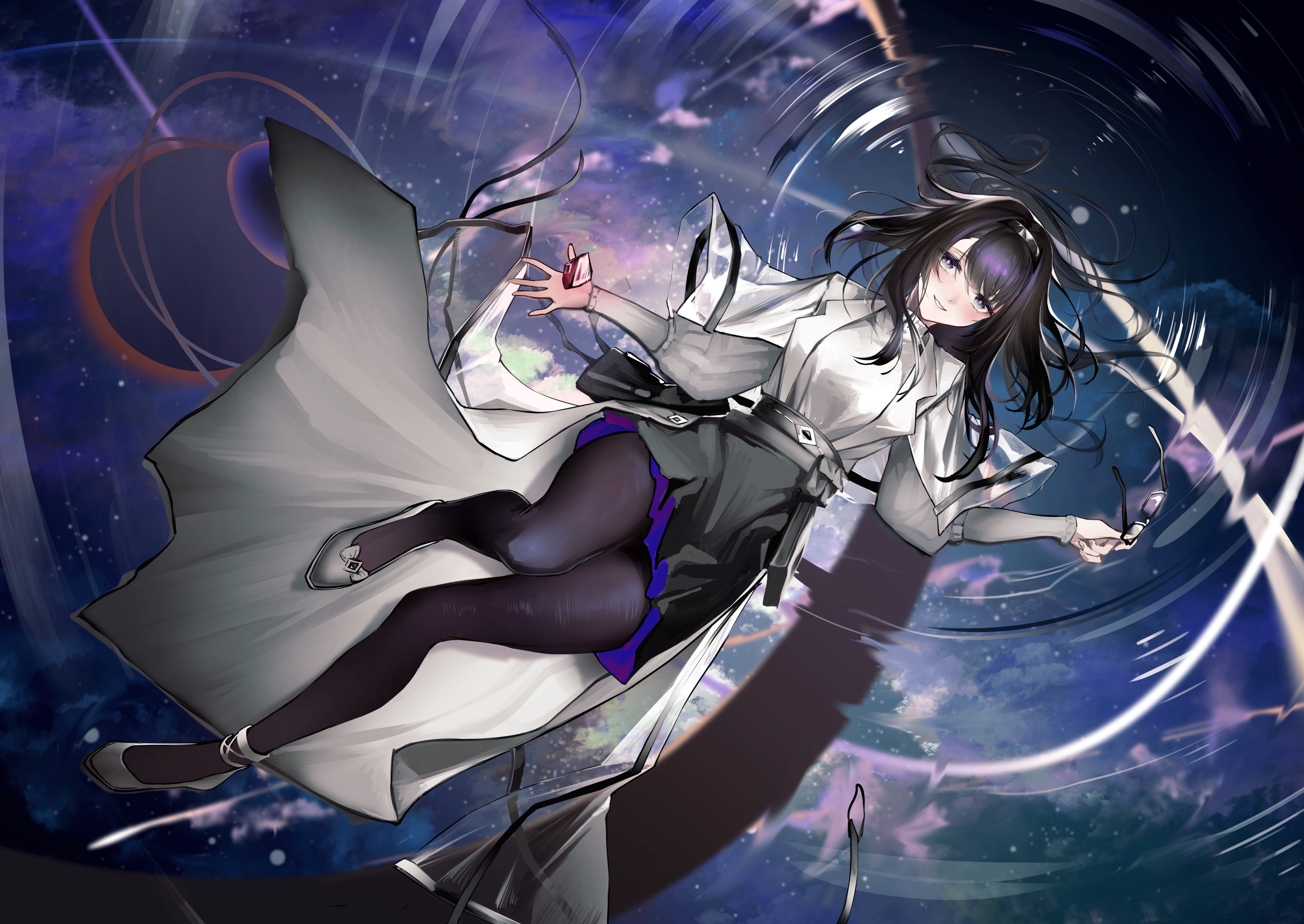 ukai (fmxc3282), priestess (arknights), arknights, absurdres, duplicate, hashtag-only commentary, highres, 1girl, black eyes, black hair, black hairband, black pantyhose, black skirt, full body, glasses, grey shoes, grin, hair spread out, hairband, holding, holding removed eyewear, light blush, long coat, looking at viewer, lying, medium hair, on back, pantyhose, parted lips, shoes, skirt, smile, solo, unworn eyewear