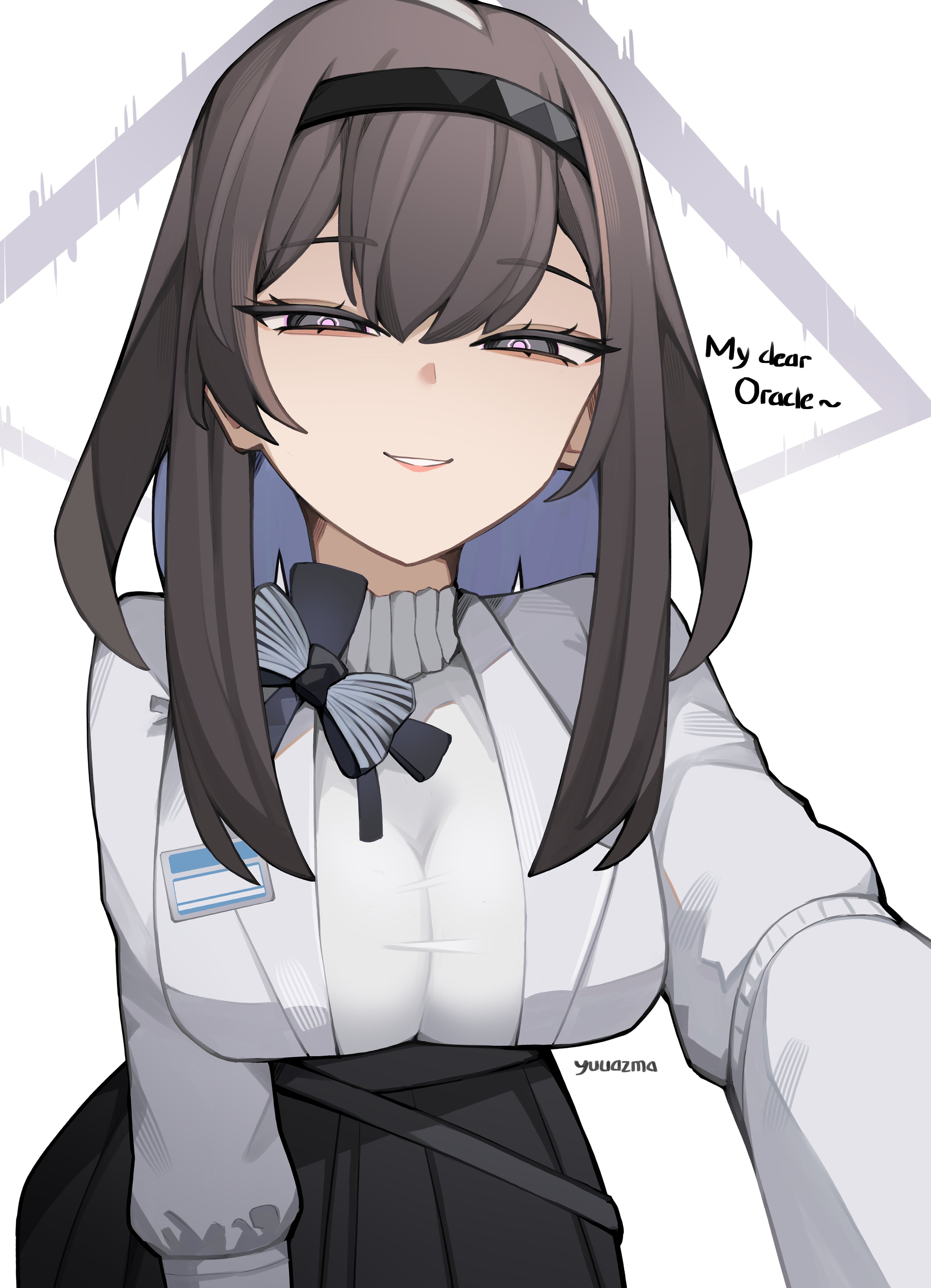 yuu azma, priestess (arknights), arknights, absurdres, highres, 1girl, black hairband, black skirt, breasts, brown hair, cleavage, english text, grey eyes, hairband, jacket, long hair, looking at viewer, medium breasts, parted lips, shirt, skirt, solo, turtleneck, turtleneck shirt, white jacket, white shirt