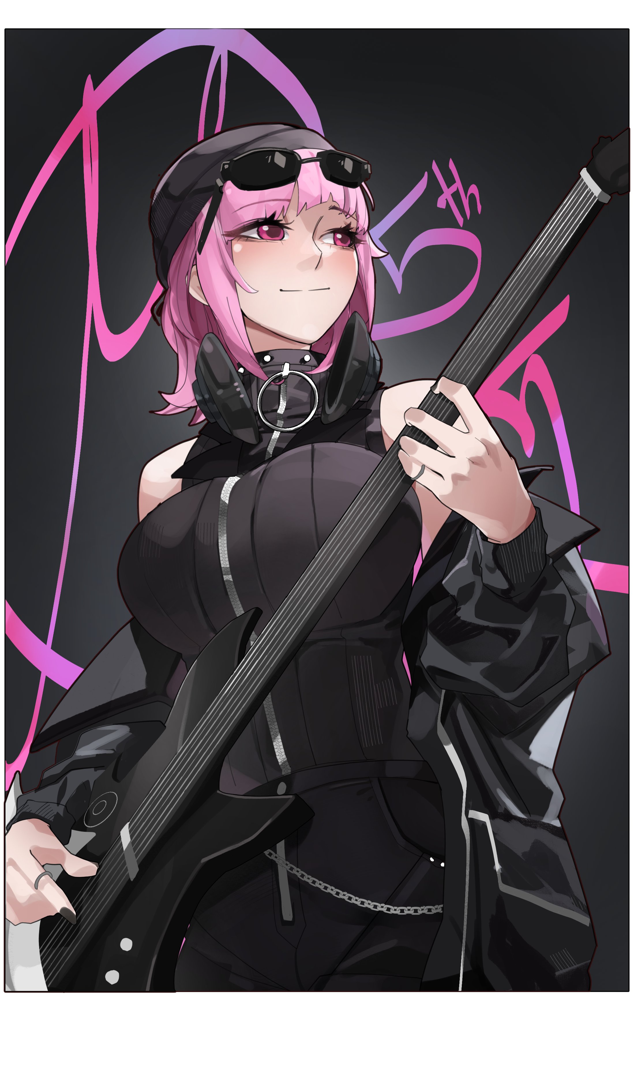 mori calliope, mori calliope (the story thus far), hololive, hololive english, absurdres, highres, 1girl, anniversary, beanie, black background, black bodysuit, black jacket, black jumpsuit, blunt bangs, bodysuit, border, breasts, cleavage, electric guitar, guitar, hat, headphones, headphones around neck, holding, holding guitar, holding instrument, instrument, jacket, jumpsuit, large breasts, long sleeves, looking at viewer, music, official alternate costume, official alternate hairstyle, pink eyes, pink hair, playing guitar, playing instrument, quilted jacket, rikuje, short hair, simple background, sleeveless jumpsuit, smile, solo, two-sided fabric, two-sided jacket, virtual youtuber, white border, wolf cut