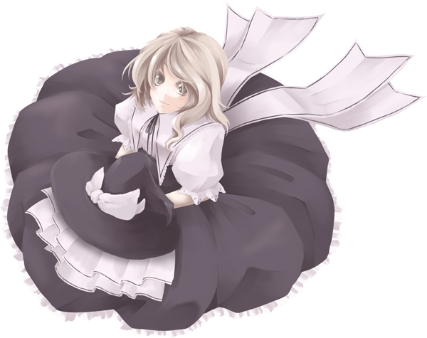 enishi midori, kirisame marisa, touhou, 1girl, black dress, blonde hair, brown eyes, dress, embellished costume, female focus, frills, from above, long sleeves, looking at viewer, short hair, simple background, sitting, skirt, solo, white background