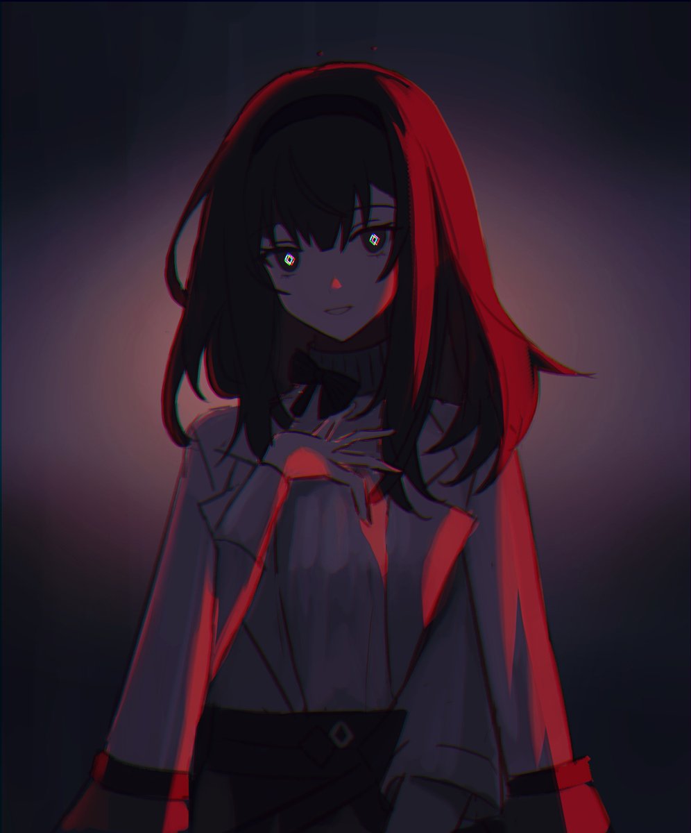 dummyeq, priestess (arknights), arknights, highres, 1girl, black hairband, bright pupils, brown hair, coat, diamond-shaped pupils, diamond (shape), grey eyes, hairband, hand up, long hair, looking at viewer, parted lips, shirt, solo, symbol-shaped pupils, turtleneck, turtleneck shirt, upper body, white coat, white pupils, white shirt