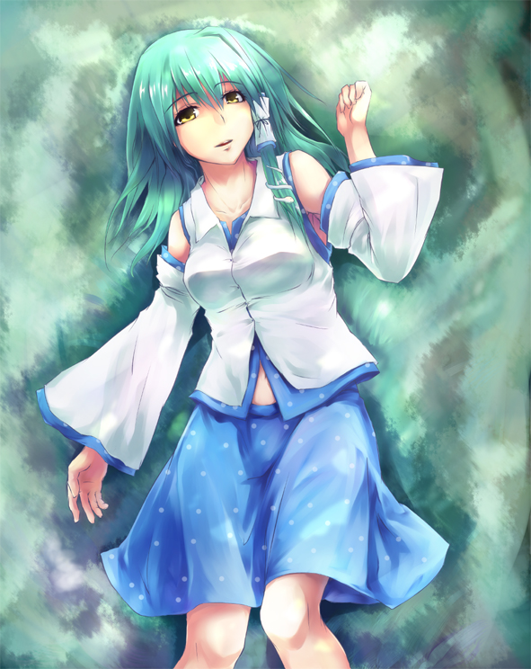 akino komichi, kochiya sanae, touhou, 1girl, blue skirt, blush, brown eyes, collarbone, detached sleeves, female focus, frog hair ornament, from above, green hair, hair ornament, long hair, looking at viewer, lying, nontraditional miko, on back, skirt, solo, vest