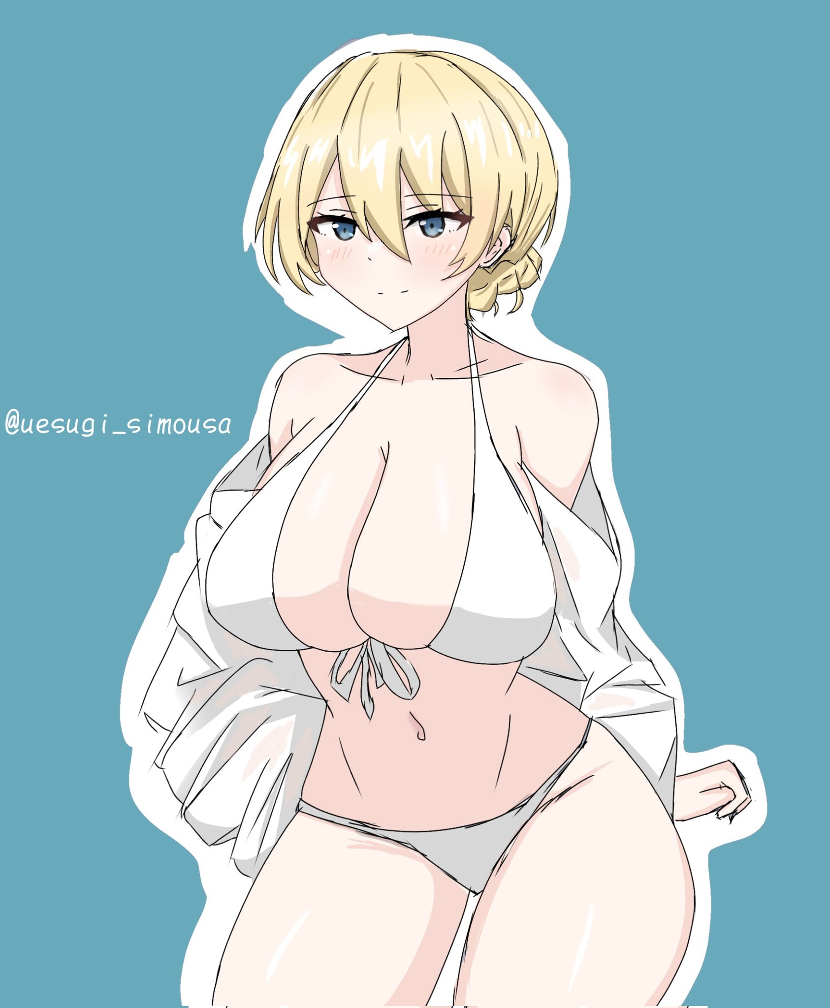 darjeeling (girls und panzer), girls und panzer, highres, 1girl, arm support, artist name, bikini, blonde hair, blue eyes, braid, braided bun, breasts, closed mouth, front-tie bikini top, front-tie top, hair bun, large breasts, legs, navel, open clothes, open shirt, sitting, smile, solo, swimsuit, thighs, toned, white bikini