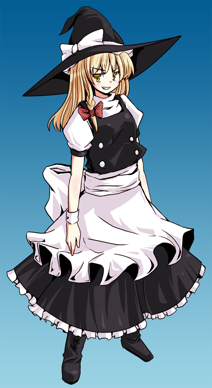 fa no hito, kirisame marisa, touhou, highres, 1girl, apron, blonde hair, braid, buttons, dress, female focus, full body, gradient background, grin, hair ribbon, hat, ribbon, smile, solo, witch, witch hat, wrist cuffs, yellow eyes