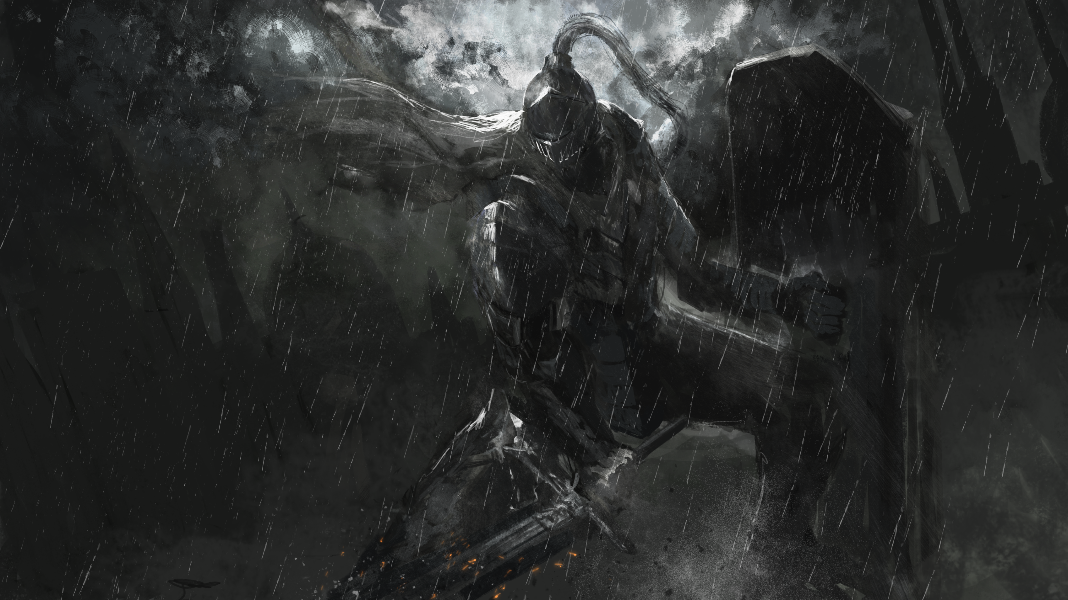 asaki (asaki vision), original, absurdres, commentary, english commentary, highres, armor, full armor, gauntlets, helm, helmet, holding, holding shield, holding sword, holding weapon, knight, night, outdoors, plume, rain, scenery, shield, standing, sword, weapon
