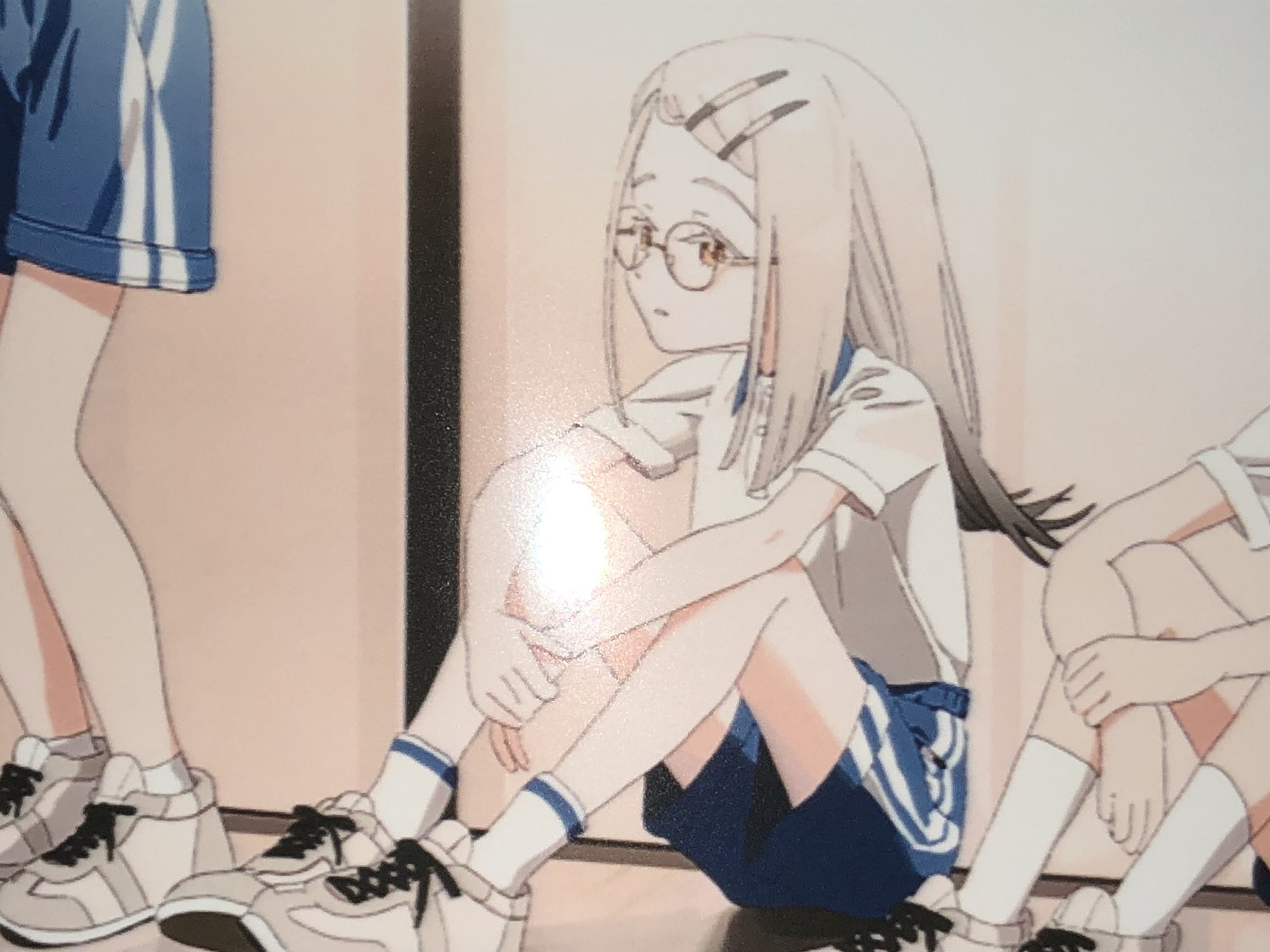 dismal poop, shinosawa hiro, gakuen idolmaster, idolmaster, commentary request, highres, photo (medium), 3girls, against wall, alternate costume, arms on knees, bespectacled, blue shorts, collared shirt, glasses, gym shorts, gym uniform, hair ornament, hairclip, holding own wrist, indoors, knees up, long hair, looking ahead, multiple girls, on floor, out of frame, parted lips, polo shirt, shirt, shoes, short sleeves, shorts, sitting, sneakers, socks, solo focus, standing, swept bangs, white shirt, white socks