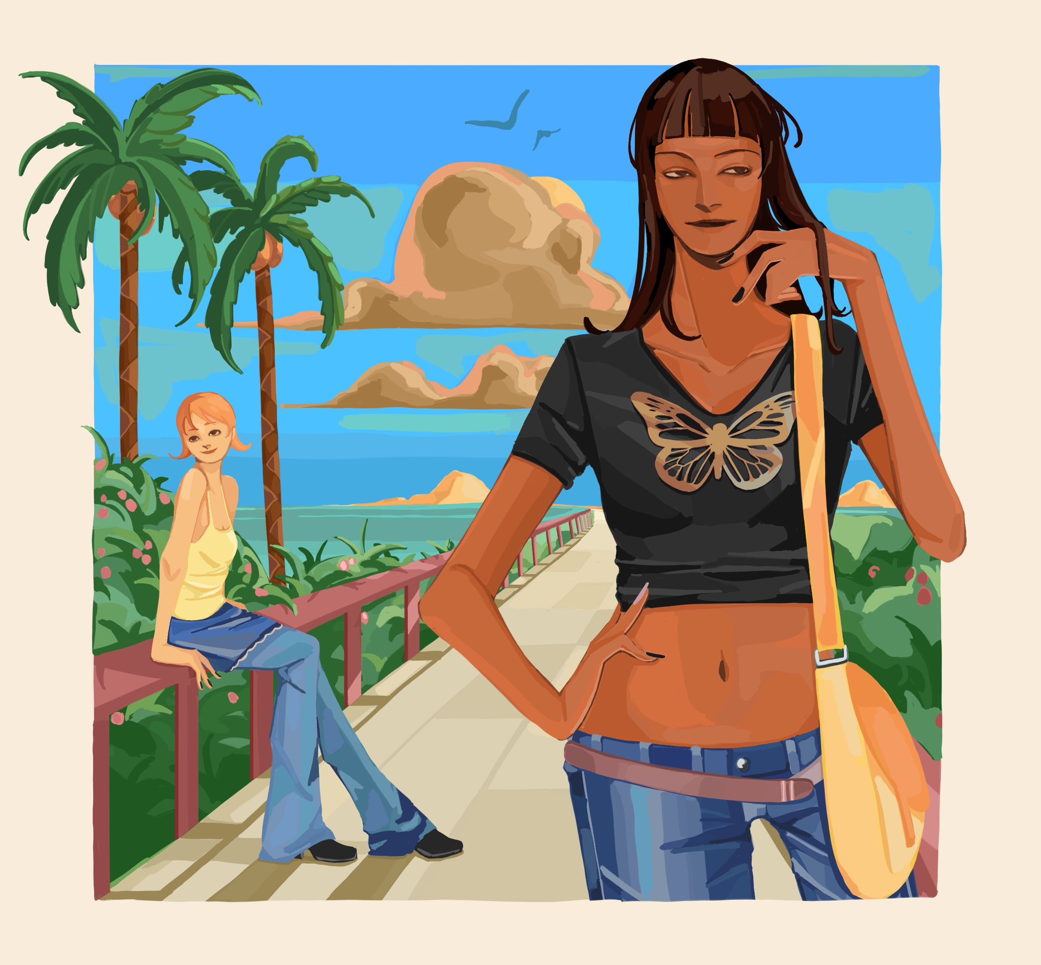 nami (one piece), nico robin, one piece, hashtag-only commentary, highres, 2girls, bag, bird, black hair, black nails, blue sky, blunt bangs, closed mouth, crop top, denim, jeans, long hair, midriff, multiple girls, navel, orange hair, outdoors, palm tree, pants, rabu99, sash, satchel, short hair, sitting, sky, smile, tree