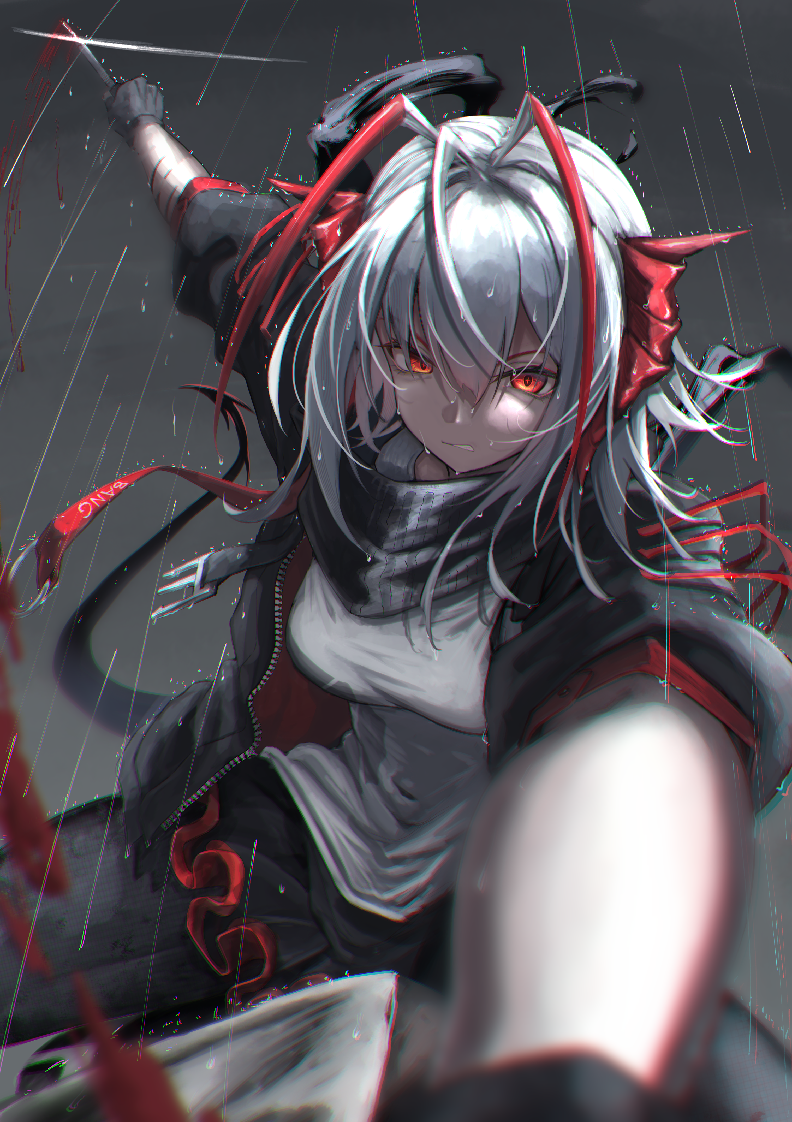 kuromu, w (arknights), arknights, absurdres, highres, 1girl, ahoge, antenna hair, black gloves, black jacket, blood, blood spray, bloody knife, bloody weapon, blurry, chromatic aberration, clenched teeth, depth of field, gloves, grey hair, hair between eyes, holding, holding knife, holding weapon, jacket, knife, looking at viewer, multicolored hair, murder, open clothes, open jacket, orange eyes, outdoors, pov, rain, red hair, scar, scar on arm, shirt, short hair, slashing, streaked hair, teeth, weapon, wet, wet hair, white shirt, zipper