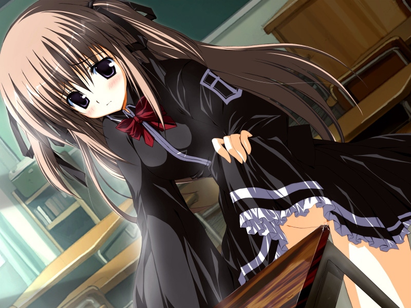 korie riko, ichii runa, despair witch, game cg, 1girl, blush, brown eyes, brown hair, censored, classroom, clothes lift, crotch rub, desk, dutch angle, female focus, female masturbation, hair ribbon, indoors, long hair, masturbation, mosaic censoring, no panties, purple eyes, pussy, pussy juice, ribbon, school, school uniform, serafuku, skirt, skirt lift, solo, table, table humping