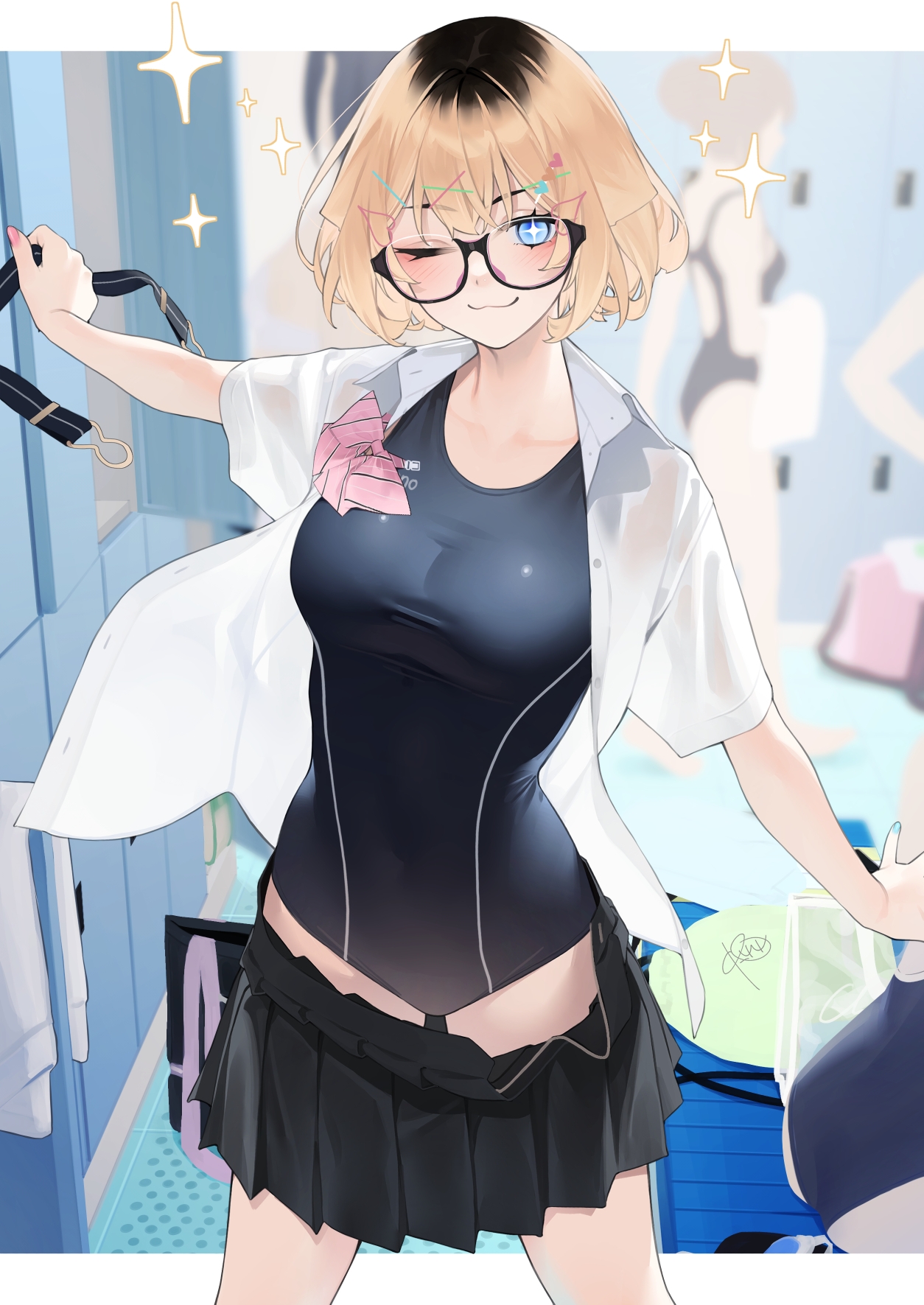 rerrere, original, highres, 1girl, ;3, black one-piece swimsuit, black skirt, blonde hair, blue eyes, breasts, clothes pull, cowboy shot, glasses, medium breasts, multicolored hair, one-piece swimsuit, one eye closed, open clothes, open shirt, roots (hair), short hair, skirt, skirt pull, solo focus, standing, swimsuit