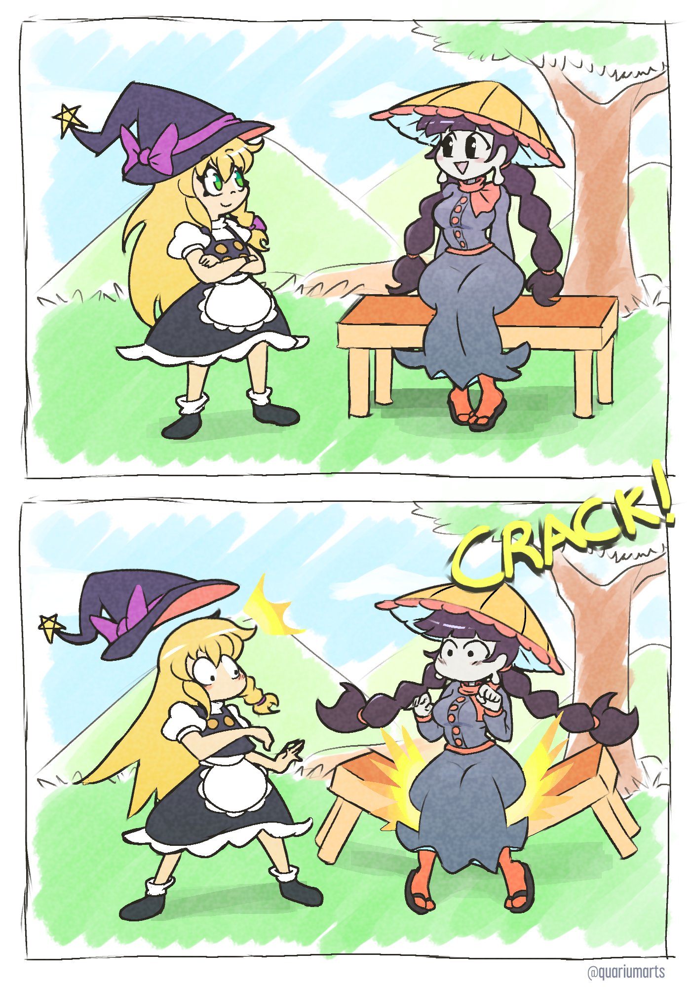 quarium, kirisame marisa, yatadera narumi, touhou, highres, 2girls, ajirogasa, apron, arms behind back, bench, black hair, black hat, black sandals, black shoes, black skirt, black vest, blonde hair, breaking, breasts, buttons, capelet, crossed arms, green eyes, grey shirt, grey skirt, hat, hat ornament, hat ribbon, long earlobes, long hair, long skirt, low ponytail, multiple girls, orange socks, outdoors, pale skin, ponytail, puffy short sleeves, puffy sleeves, purple ribbon, red capelet, ribbon, sandals, shirt, shoes, short sleeves, sitting, skirt, smile, socks, standing, star (symbol), star hat ornament, surprised, thick thighs, thighs, tree, vest, waist apron, white shirt, wide hips, witch hat