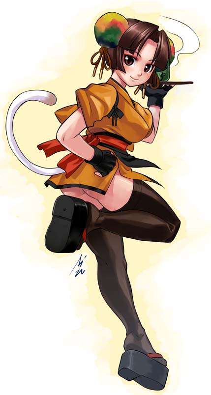 coyori, arc system works, battle fantasia, apron, ass, brown hair, cat tail, japanese clothes, kimono, legs, platform clogs, tail, waitress