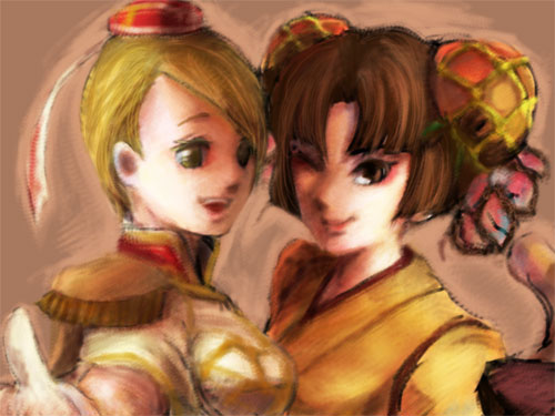 coyori, olivia von roselia, arc system works, battle fantasia, lowres, blonde hair, brown hair, cat tail, japanese clothes, kimono, princess, tail, waitress
