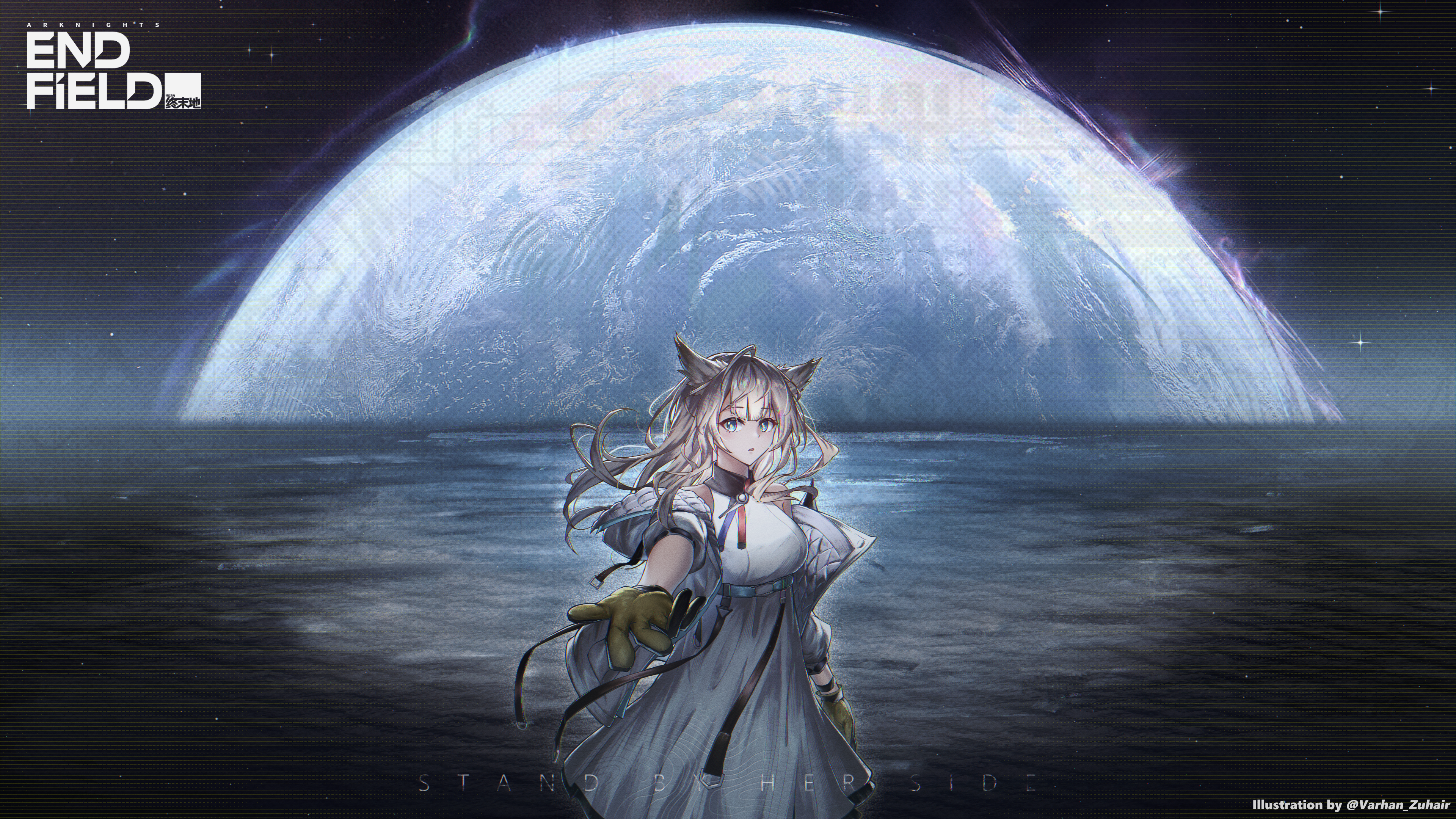 varhan zuhair, perlica (arknights), arknights, arknights: endfield, absurdres, commentary, english commentary, highres, 1girl, :o, ahoge, animal ears, aqua eyes, belt, bird ears, breasts, center-flap bangs, collared dress, copyright name, copyright notice, dress, english text, feather hair, gloves, hand up, jacket, looking at viewer, medium breasts, multiple belts, night, night sky, open clothes, open jacket, parted lips, planet, reaching, reaching towards viewer, sidelocks, sky, solo, star (sky), starry sky, three-quarter sleeves, topographic map, twitter username, white dress, white hair, yellow gloves, yellow pupils