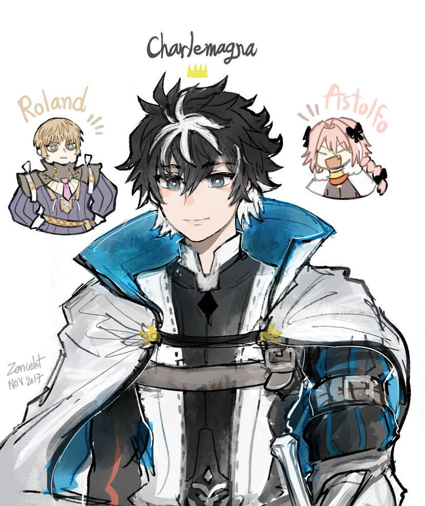 zencelot, astolfo (fate), charlemagne (fate), roland (fate), fate/apocrypha, fate/grand order, fate (series), 3boys, androgynous, artist name, blonde hair, blue eyes, bow, braid, cape, character name, fur-trimmed cape, fur trim, hair bow, high collar, light smile, long hair, male focus, multicolored hair, multiple boys, muscular, muscular male, pink hair, short hair, streaked hair, upper body, white background, white cape