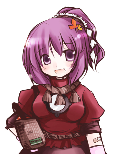 futami yayoi, yasaka kanako, touhou, lowres, 1girl, alternate hairstyle, female focus, hair ornament, leaf, leaf hair ornament, ponytail, purple eyes, purple hair, solo
