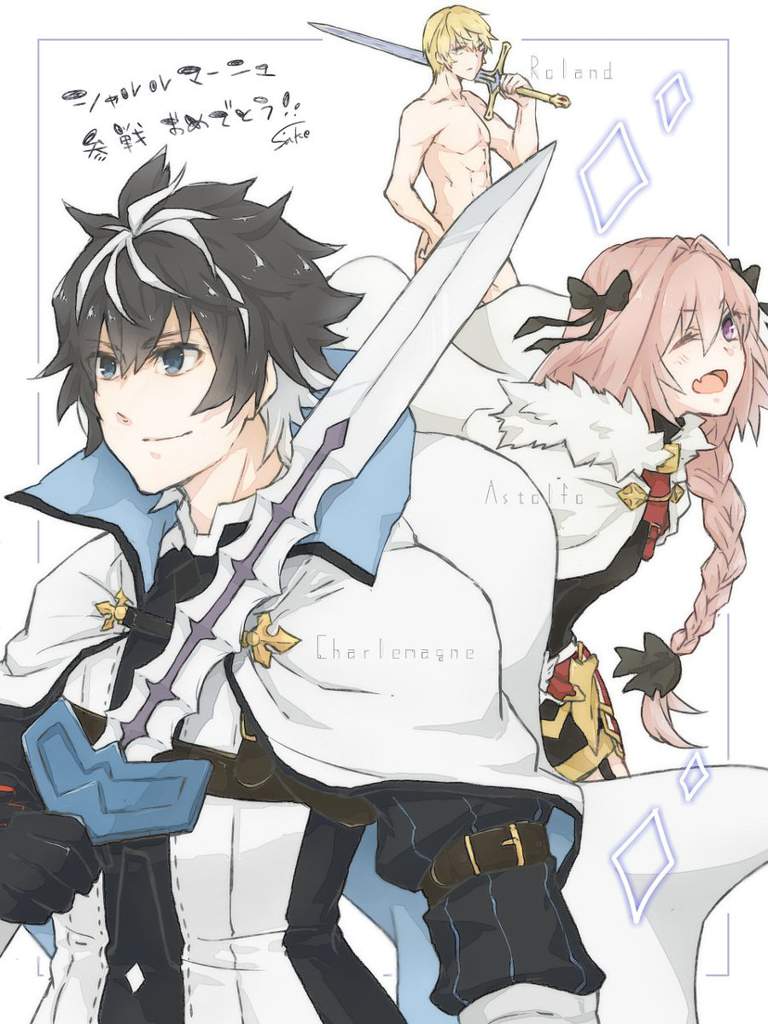 astolfo (fate), charlemagne (fate), roland (fate), fate/apocrypha, fate/grand order, fate (series), archived source, artist request, 3boys, androgynous, blonde hair, blue eyes, bow, braid, cape, completely nude, convenient censoring, fur-trimmed cape, fur trim, hair bow, high collar, holding, holding sword, holding weapon, light smile, long hair, male focus, multicolored hair, multiple boys, muscular, muscular male, nude, pectorals, pink hair, short hair, streaked hair, sword, upper body, weapon, white background, white cape