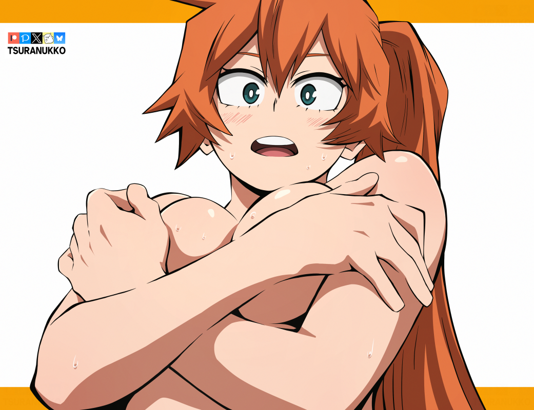 tsuranukko, boku no hero academia, commentary, 1girl, artist name, bluesky logo, blush, breasts, breasts squeezed together, completely nude, covering breasts, covering privates, fanbox logo, green eyes, kendo itsuka, large breasts, looking at viewer, nude, open mouth, orange background, orange hair, patreon logo, pixiv logo, side ponytail, solo, sweat, twitter x logo, two-tone background, upper body, white background