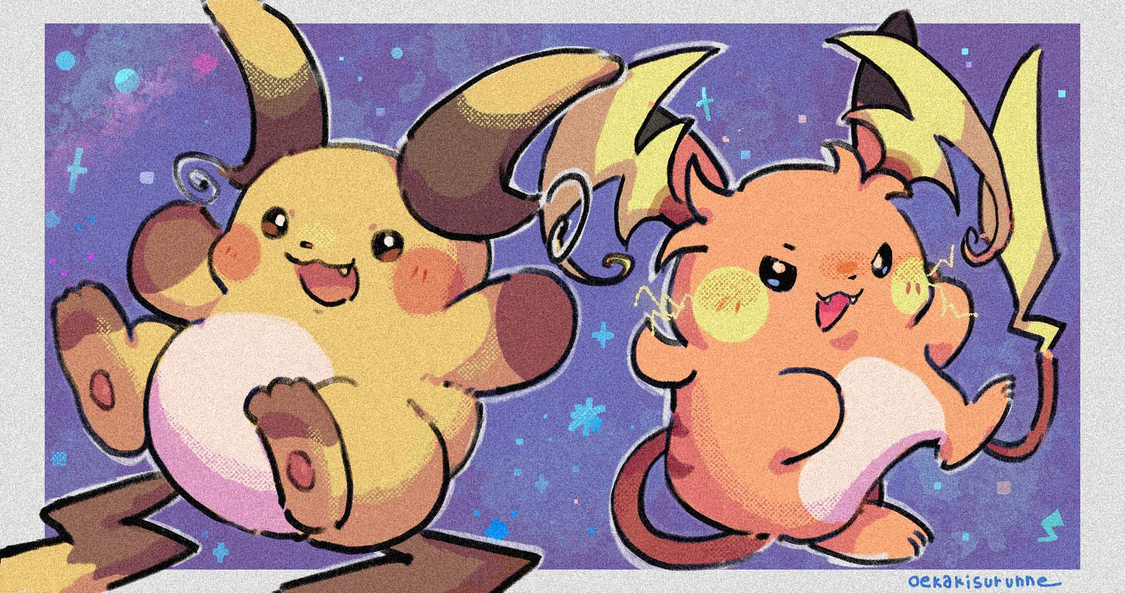 oedede, mega raichu x, mega raichu y, raichu, nintendo, pokemon, pokemon legends: z-a, electricity, fang, fangs, gen 1 pokemon, mega pokemon, multiple tails, no humans, open mouth, orange fur, pokemon (creature), pokemon focus, smile, tail, very long tail, yellow fur