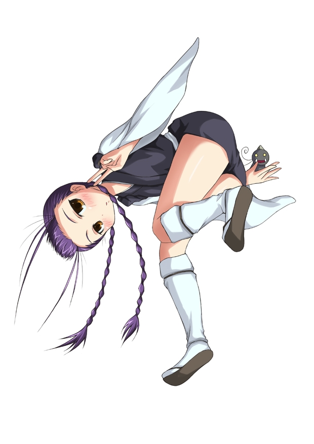 sugai hinata, amaenaideyo!!, 00s, bent over, blush, braid, japanese clothes, kneehighs, long hair, sandals, socks, solo, twin braids, twintails, v, yellow eyes