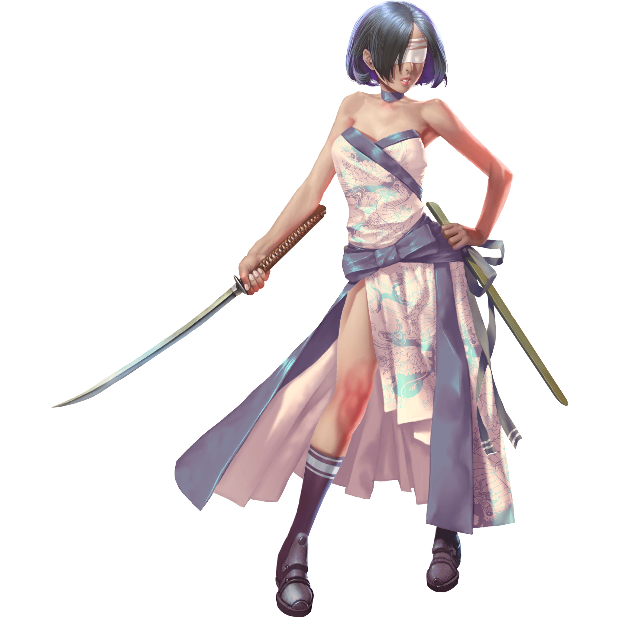 crystal maiden (series), artist request, bad source, game cg, highres, official art, third-party source, variant set, 1girl, bare arms, bare shoulders, black hair, blindfold, breasts, collar, colored inner hair, full body, holding, holding sheath, holding sword, holding weapon, ichi (crystal maidens), japanese clothes, katana, multicolored hair, open mouth, purple hair, sheath, short hair, solo, sword, transparent background, weapon