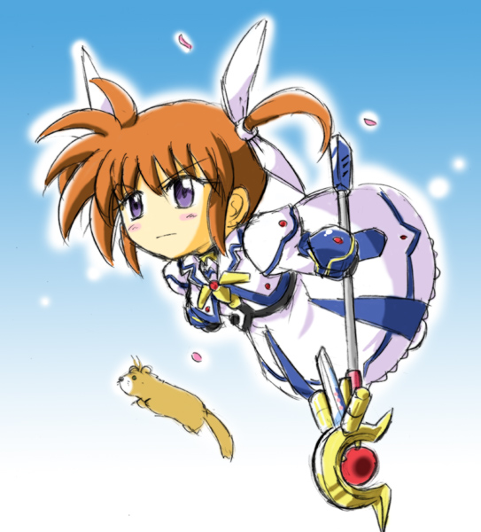 wakabayashi makoto, raising heart, raising heart (device mode) (1st), takamachi nanoha, takamachi nanoha (movie 1st mode), yuuno scrya, lyrical nanoha, mahou shoujo lyrical nanoha, mahou shoujo lyrical nanoha movie, mahou shoujo lyrical nanoha the movie 1st, 10s, 1girl, chibi, female focus, ferret, purple eyes, solo