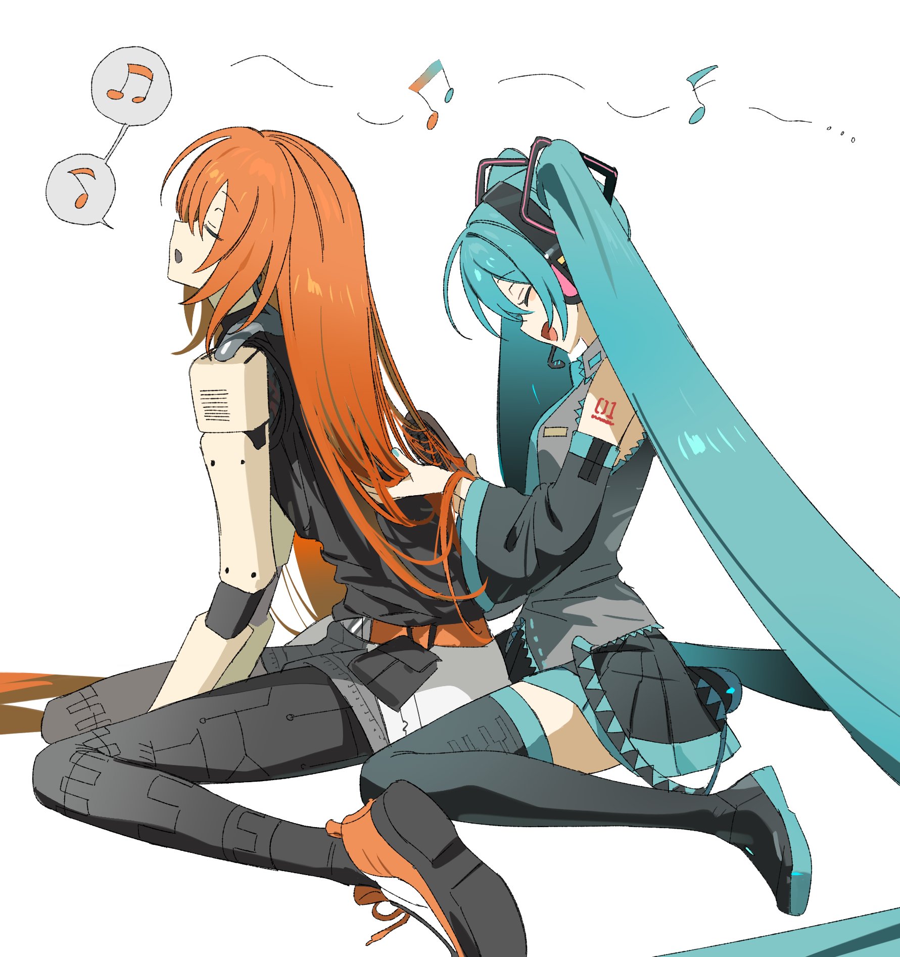natwjeq, adachi rei, hatsune miku, a.i. voice, utau, vocaloid, highres, 2girls, absurdly long hair, alternate hair length, alternate hairstyle, android, belt, black pantyhose, black shirt, black skirt, blue hair, boots, brushing another's hair, brushing hair, closed eyes, detached sleeves, from side, full body, grey skirt, hair ornament, head back, headphones, joints, long hair, miniskirt, multiple girls, music, musical note, number tattoo, open mouth, orange belt, pantyhose, pleated skirt, profile, robot joints, shirt, shoes, shoulder tattoo, simple background, singing, sitting, skirt, sleeveless, sleeveless shirt, smile, sneakers, tattoo, thigh boots, twintails, very long hair, wariza