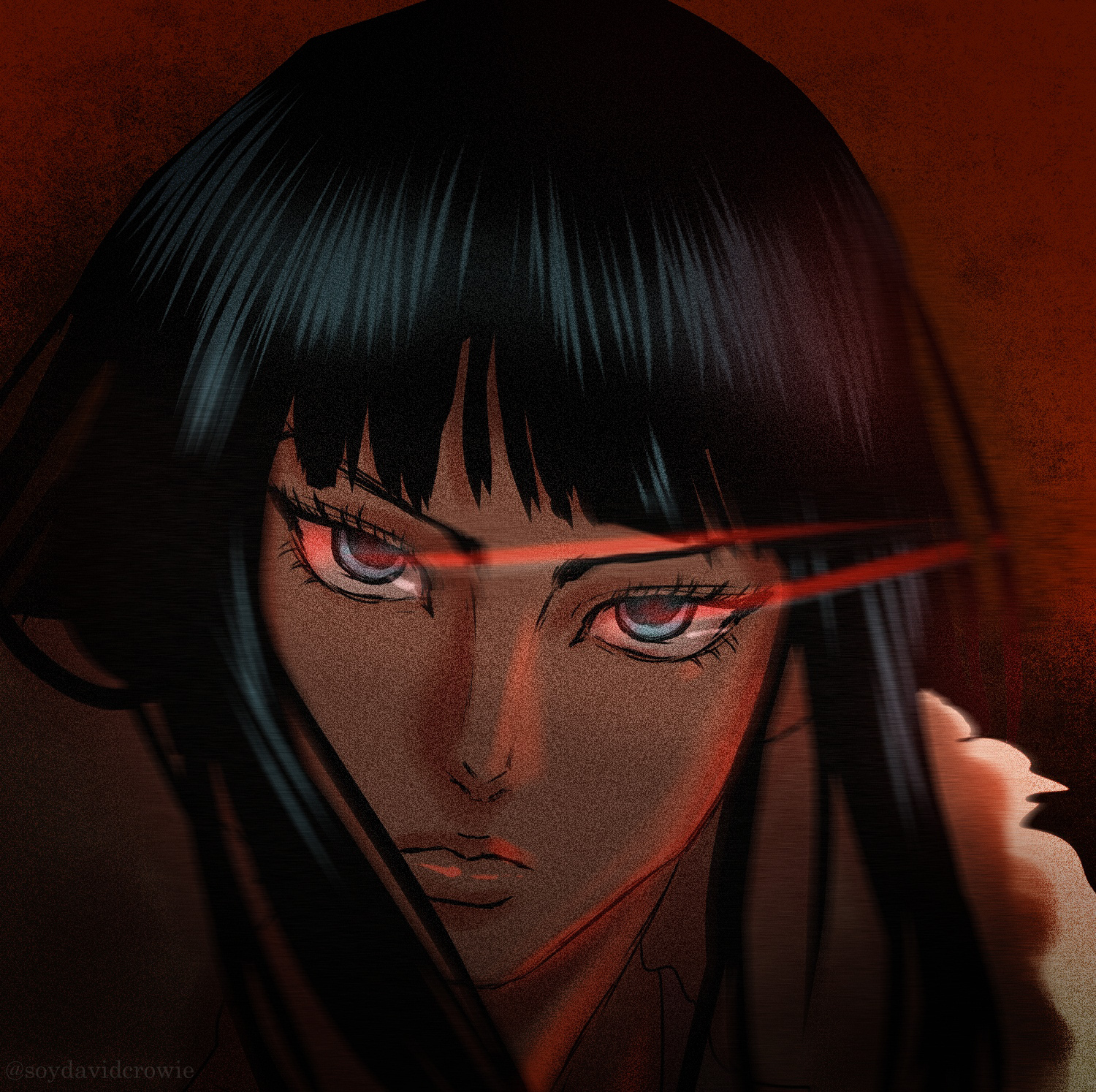 soydavidcrowie, nico robin, one piece, commentary, highres, 1girl, black hair, blue eyes, blunt bangs, close-up, closed mouth, eyelashes, long hair, solo, twitter username