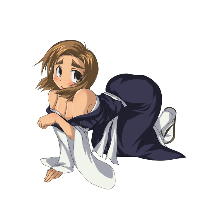 ikuina sumi, amaenaideyo!!, 00s, 1girl, all fours, bare shoulders, blush, breasts, brown hair, cleavage, dark-skinned female, dark skin, female focus, large breasts, sandals, short hair, solo, thick eyebrows