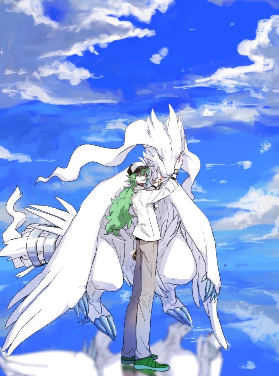 nanaban zenryoku, n (pokemon), reshiram, nintendo, pokemon, pokemon bw, highres, 1boy, baseball cap, blue eyes, blue sky, closed eyes, closed mouth, cloud, collared shirt, dragon, gen 5 pokemon, green eyes, green hair, hair between eyes, hat, jewelry, legendary pokemon, long hair, looking at viewer, pants, pokemon (creature), shirt, sky, smile, undershirt, white fur, wristband