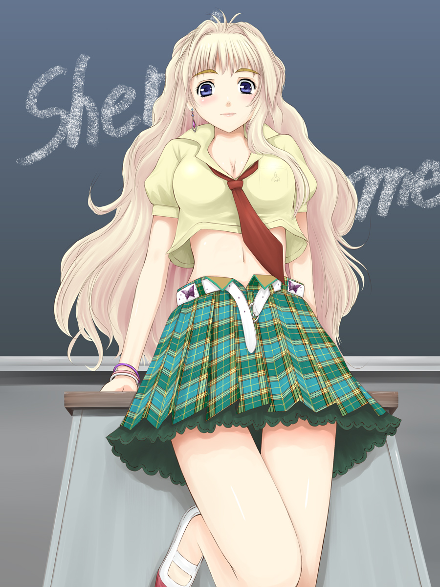 niwatori kokezou, sheryl nome, macross, macross frontier, highres, 00s, belt, blonde hair, blue eyes, blush, chalkboard, legs, long hair, necktie, skirt, solo